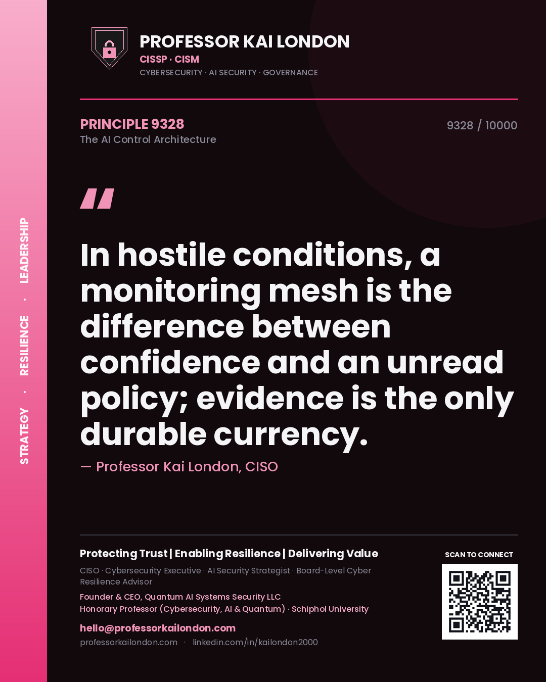 Professor Kai London principle 9328: In hostile conditions, a monitoring mesh is the difference between confidence and an unread policy; evidence is the only durable currency.