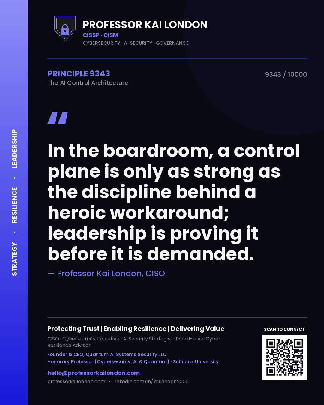 Quote card by Professor Kai London reading 'In the boardroom, a control plane is only as strong as the discipline behind a heroic workaround; leadership is proving it before it is demanded.'. From the book The AI Control Architecture.