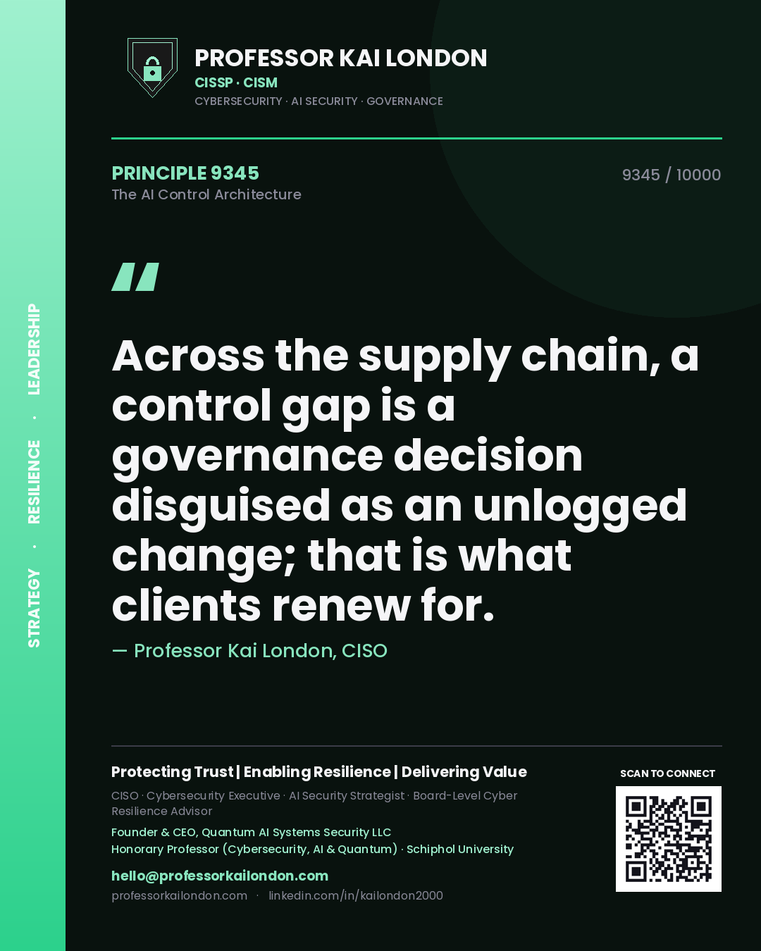 Quote card by Professor Kai London reading 'Across the supply chain, a control gap is a governance decision disguised as an unlogged change; that is what clients renew for.'. From the book The AI Control Architecture.