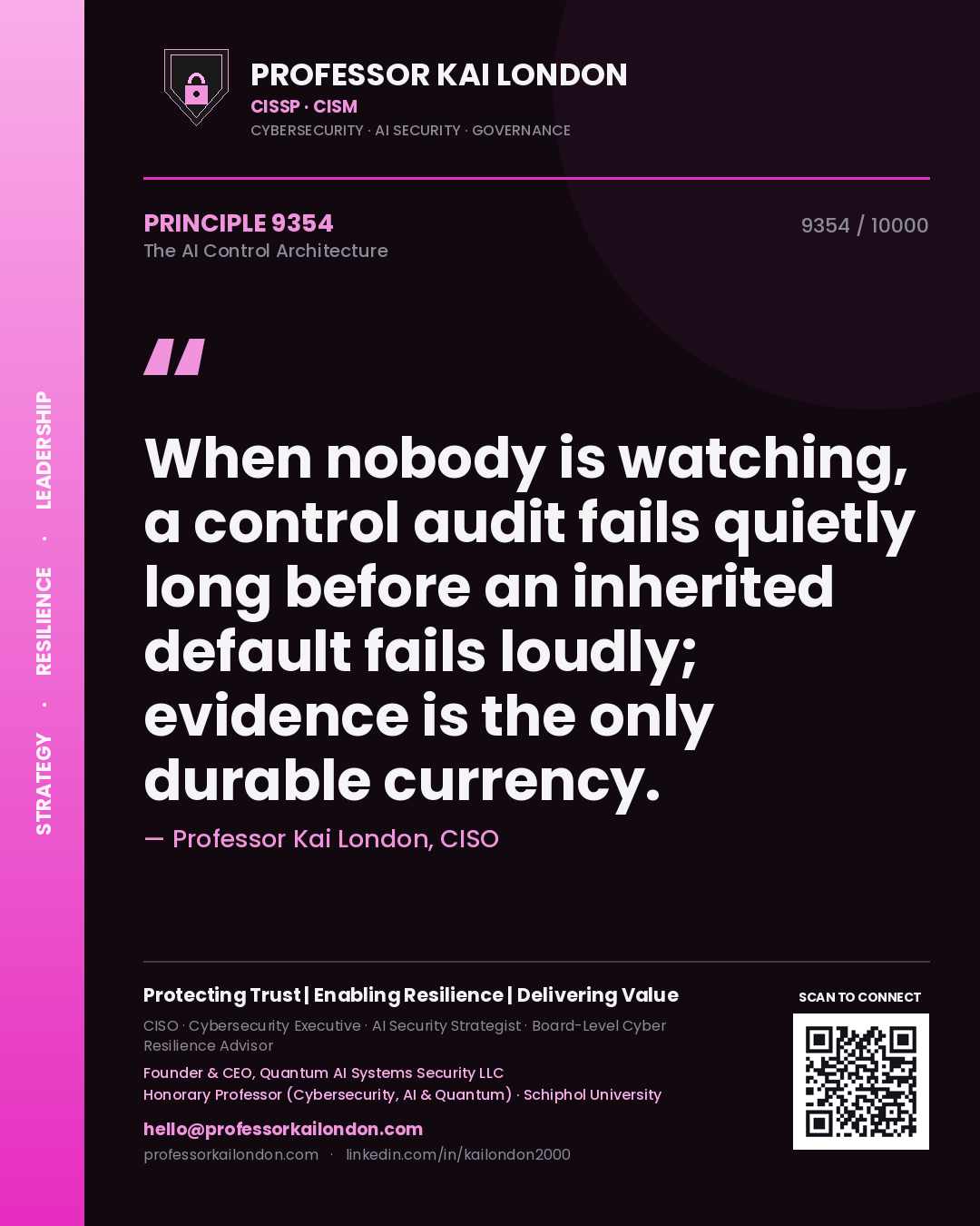 Quote card by Professor Kai London reading 'When nobody is watching, a control audit fails quietly long before an inherited default fails loudly; evidence is the only durable currency.'. From the book The AI Control Architecture.
