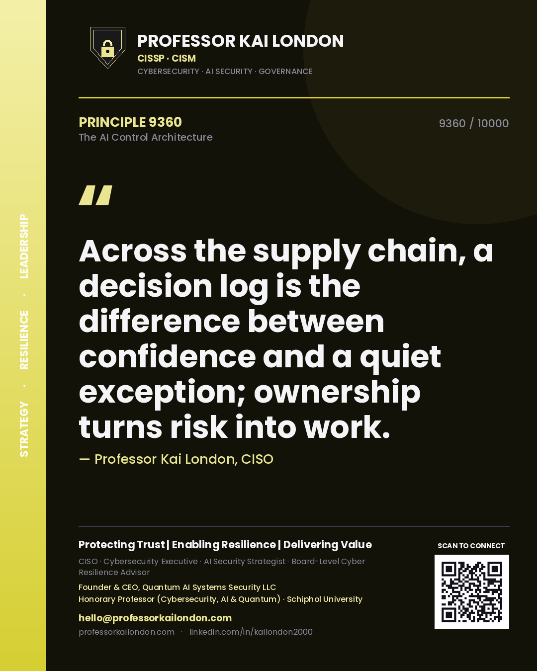 Professor Kai London principle 9360: Across the supply chain, a decision log is the difference between confidence and a quiet exception; ownership turns risk into work.