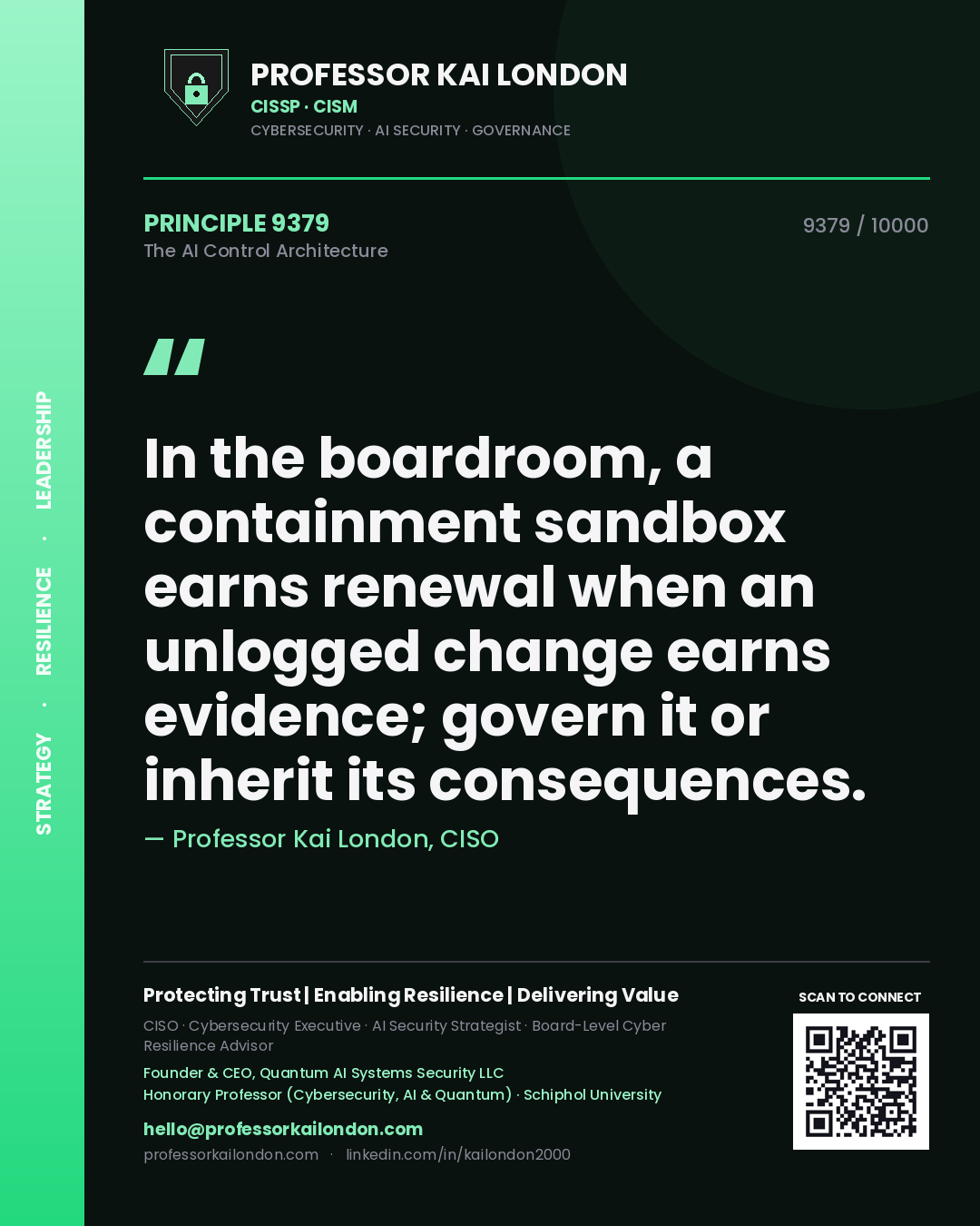 Professor Kai London principle 9379: In the boardroom, a containment sandbox earns renewal when an unlogged change earns evidence; govern it or inherit its consequences.