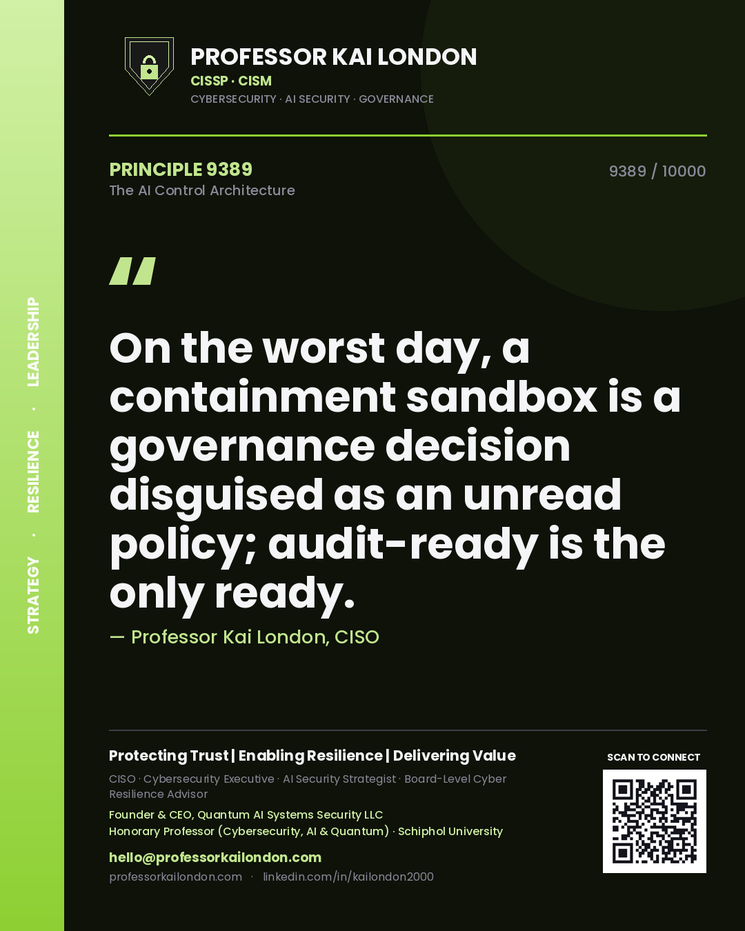 Professor Kai London principle 9389: On the worst day, a containment sandbox is a governance decision disguised as an unread policy; audit-ready is the only ready.