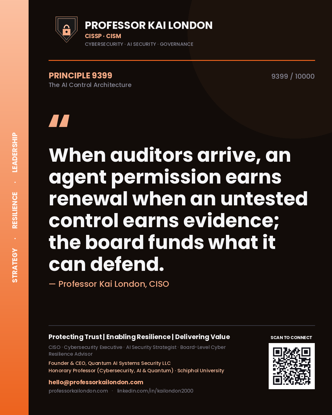 Quote card by Professor Kai London reading 'When auditors arrive, an agent permission earns renewal when an untested control earns evidence; the board funds what it can defend.'. From the book The AI Control Architecture.