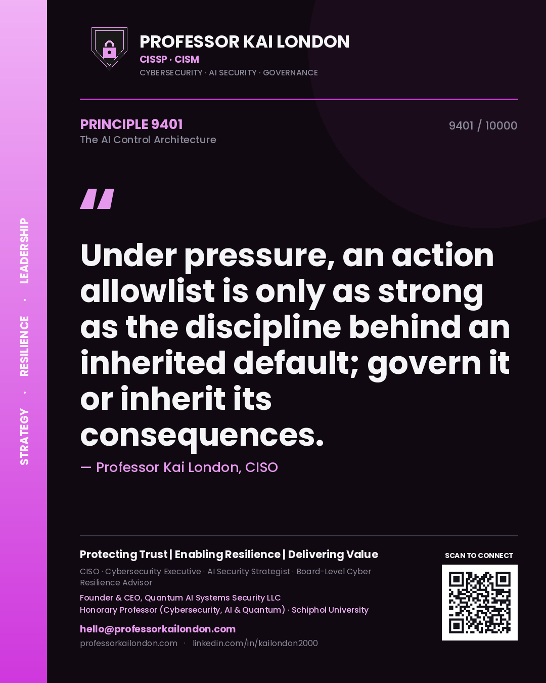Quote card by Professor Kai London reading 'Under pressure, an action allowlist is only as strong as the discipline behind an inherited default; govern it or inherit its consequences.'. From the book The AI Control Architecture.