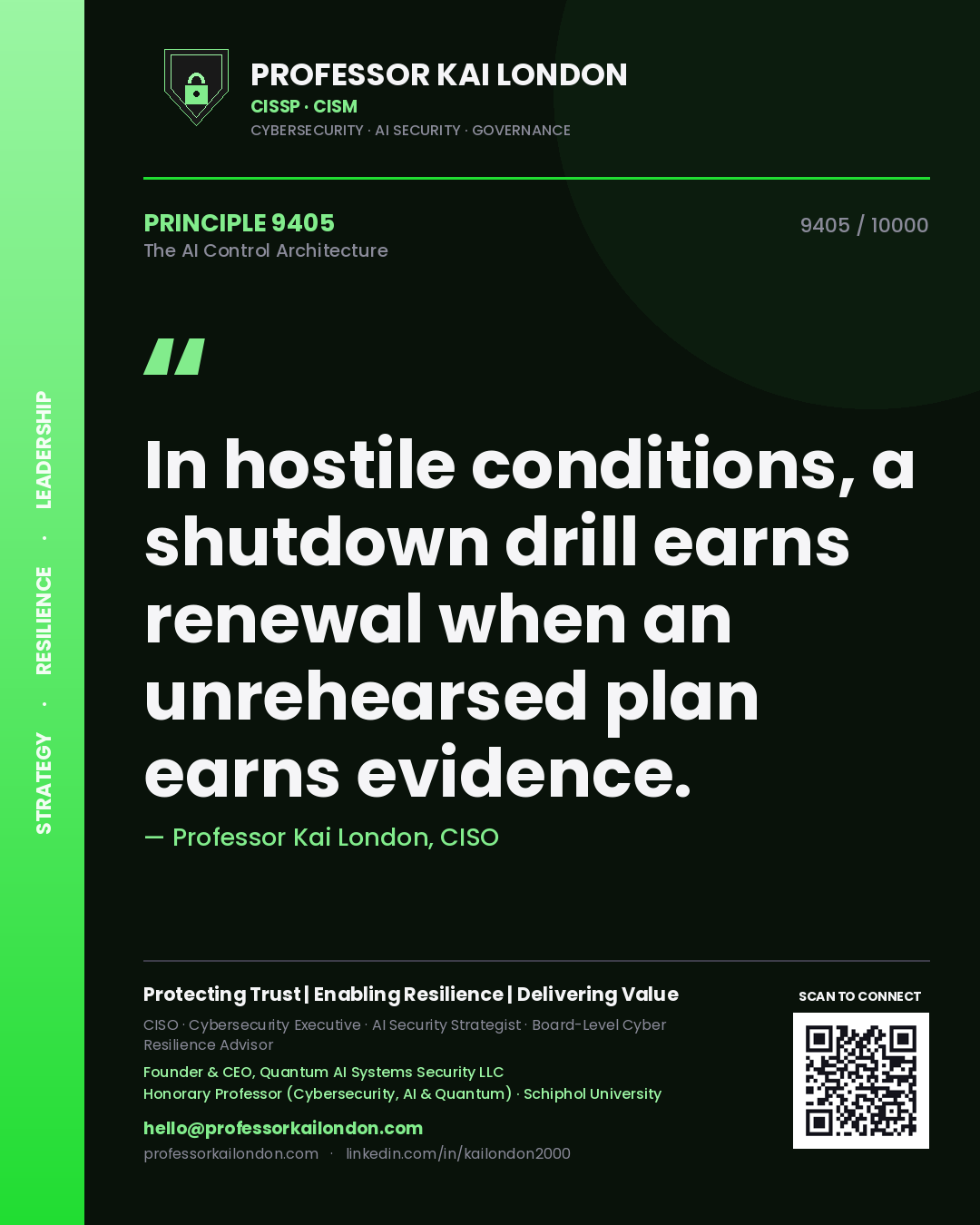 Quote card by Professor Kai London reading 'In hostile conditions, a shutdown drill earns renewal when an unrehearsed plan earns evidence.'. From the book The AI Control Architecture.