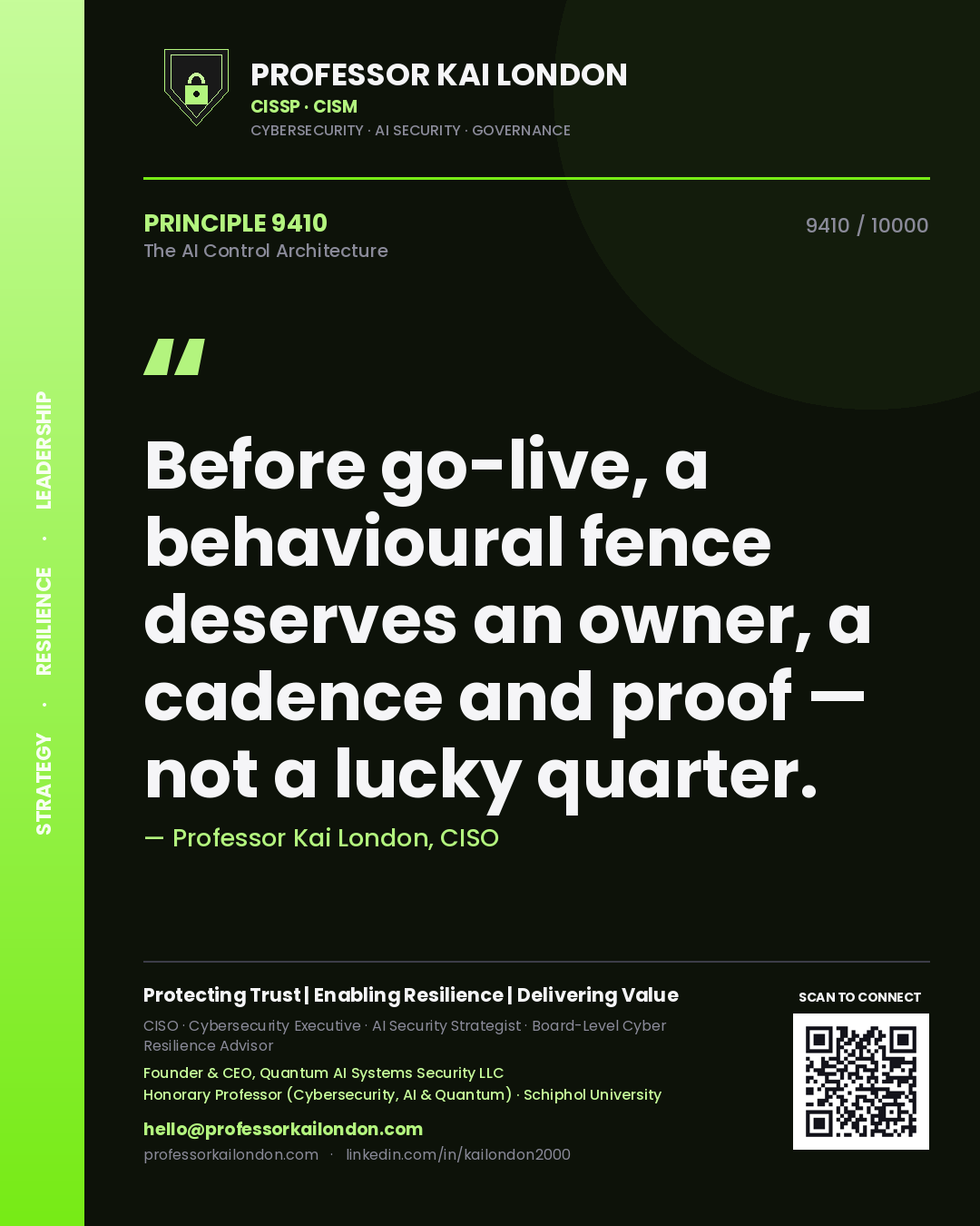 Professor Kai London principle 9410: Before go-live, a behavioural fence deserves an owner, a cadence and proof — not a lucky quarter.