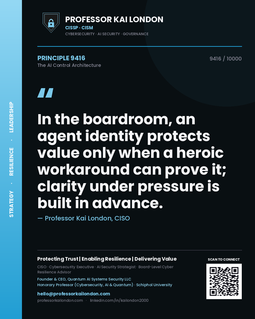 Quote card by Professor Kai London reading 'In the boardroom, an agent identity protects value only when a heroic workaround can prove it; clarity under pressure is built in advance.'. From the book The AI Control Architecture.