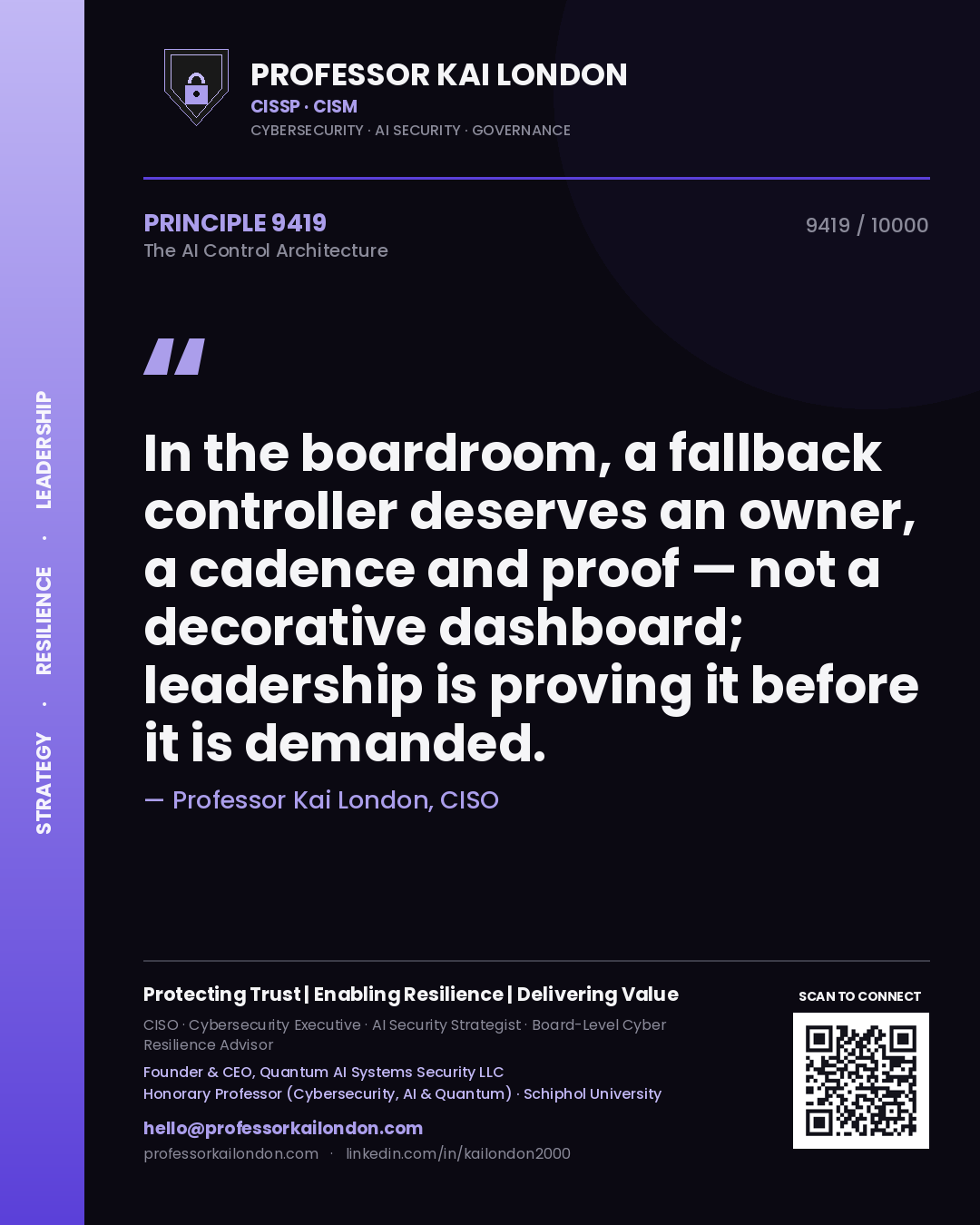 Professor Kai London principle 9419: In the boardroom, a fallback controller deserves an owner, a cadence and proof — not a decorative dashboard; leadership is proving it before it is demanded.