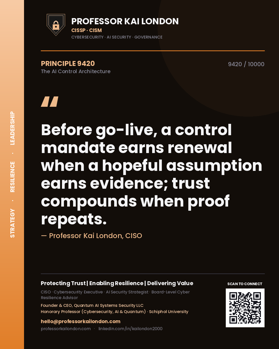 Quote card by Professor Kai London reading 'Before go-live, a control mandate earns renewal when a hopeful assumption earns evidence; trust compounds when proof repeats.'. From the book The AI Control Architecture.