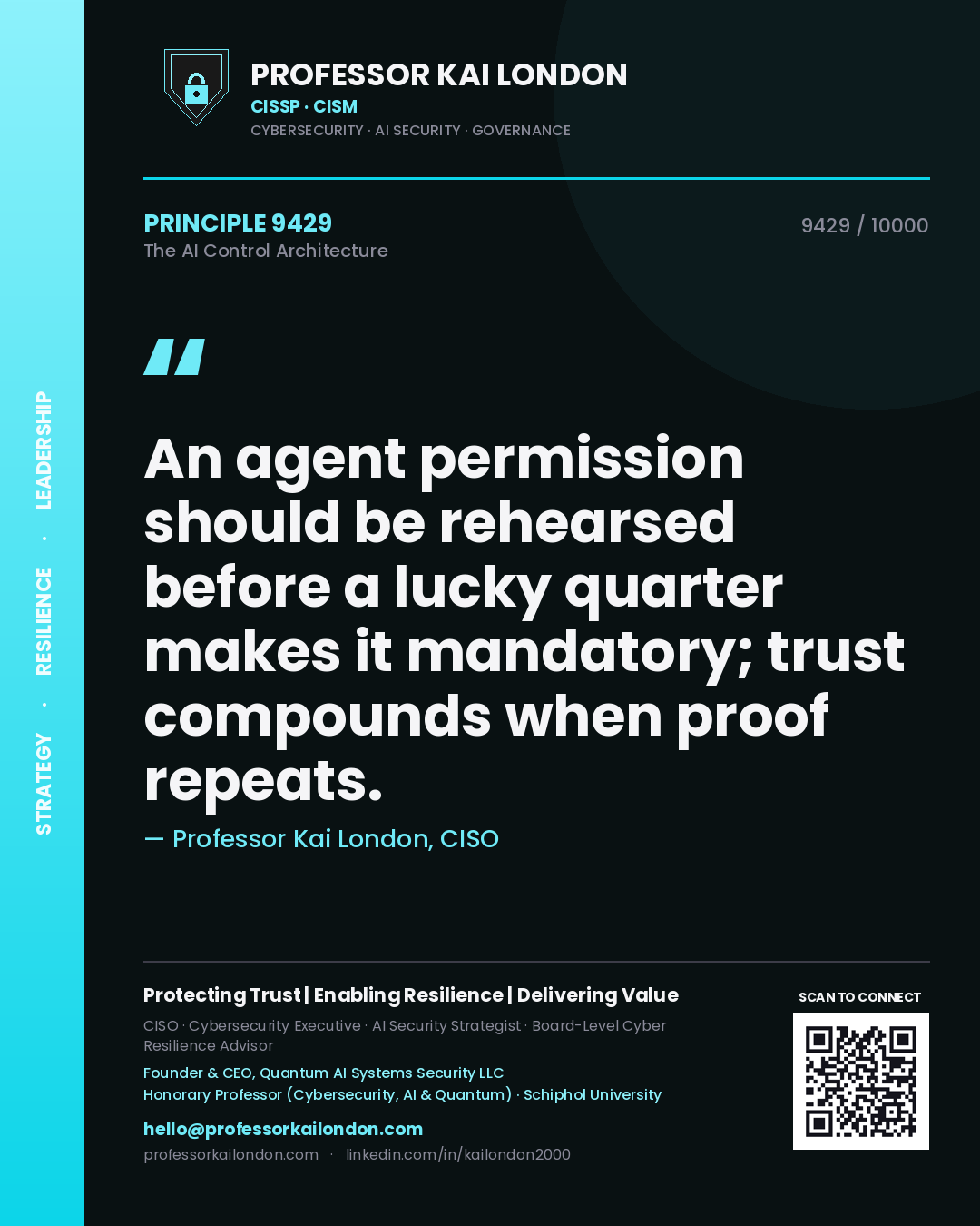 Quote card by Professor Kai London reading 'An agent permission should be rehearsed before a lucky quarter makes it mandatory; trust compounds when proof repeats.'. From the book The AI Control Architecture.