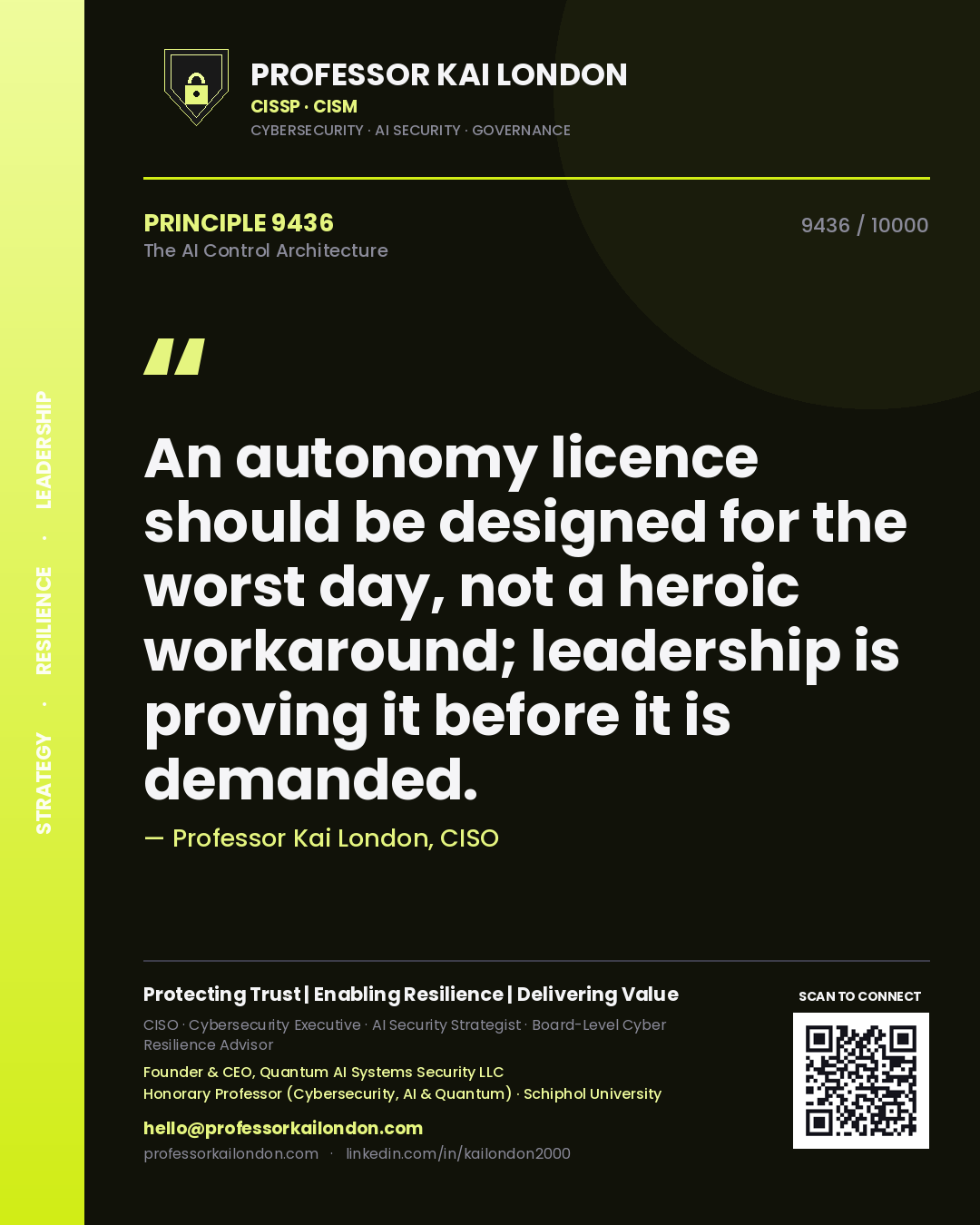 Professor Kai London principle 9436: An autonomy licence should be designed for the worst day, not a heroic workaround; leadership is proving it before it is demanded.