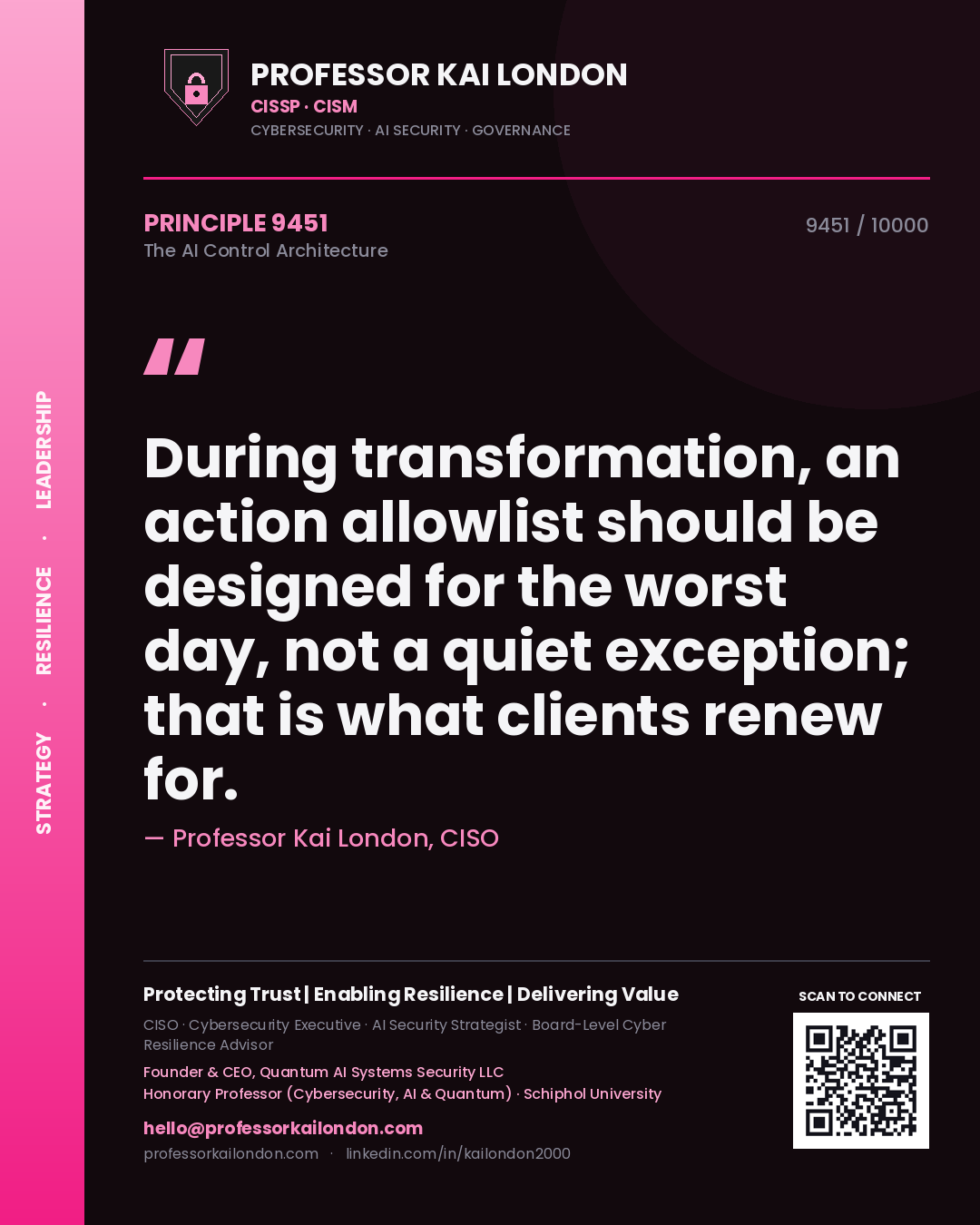 Professor Kai London principle 9451: During transformation, an action allowlist should be designed for the worst day, not a quiet exception; that is what clients renew for.