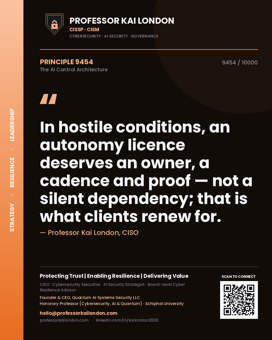 Quote card by Professor Kai London reading 'In hostile conditions, an autonomy licence deserves an owner, a cadence and proof — not a silent dependency; that is what clients renew for.'. From the book The AI Control Architecture.