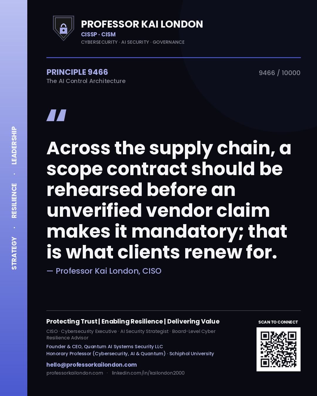 Professor Kai London principle 9466: Across the supply chain, a scope contract should be rehearsed before an unverified vendor claim makes it mandatory; that is what clients renew for.