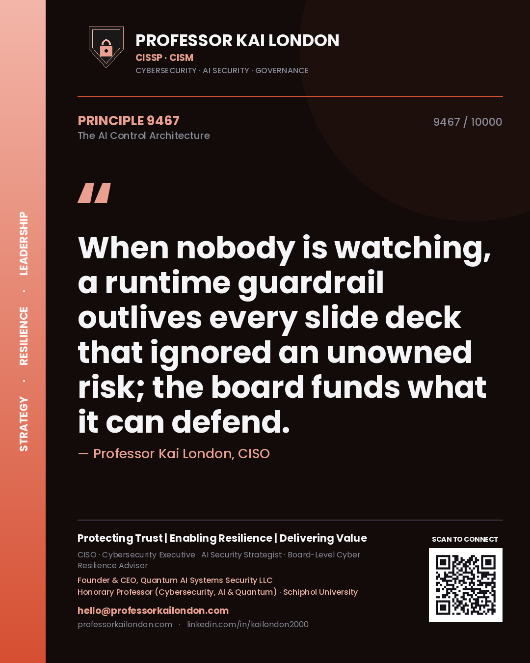 Quote card by Professor Kai London reading 'When nobody is watching, a runtime guardrail outlives every slide deck that ignored an unowned risk; the board funds what it can defend.'. From the book The AI Control Architecture.