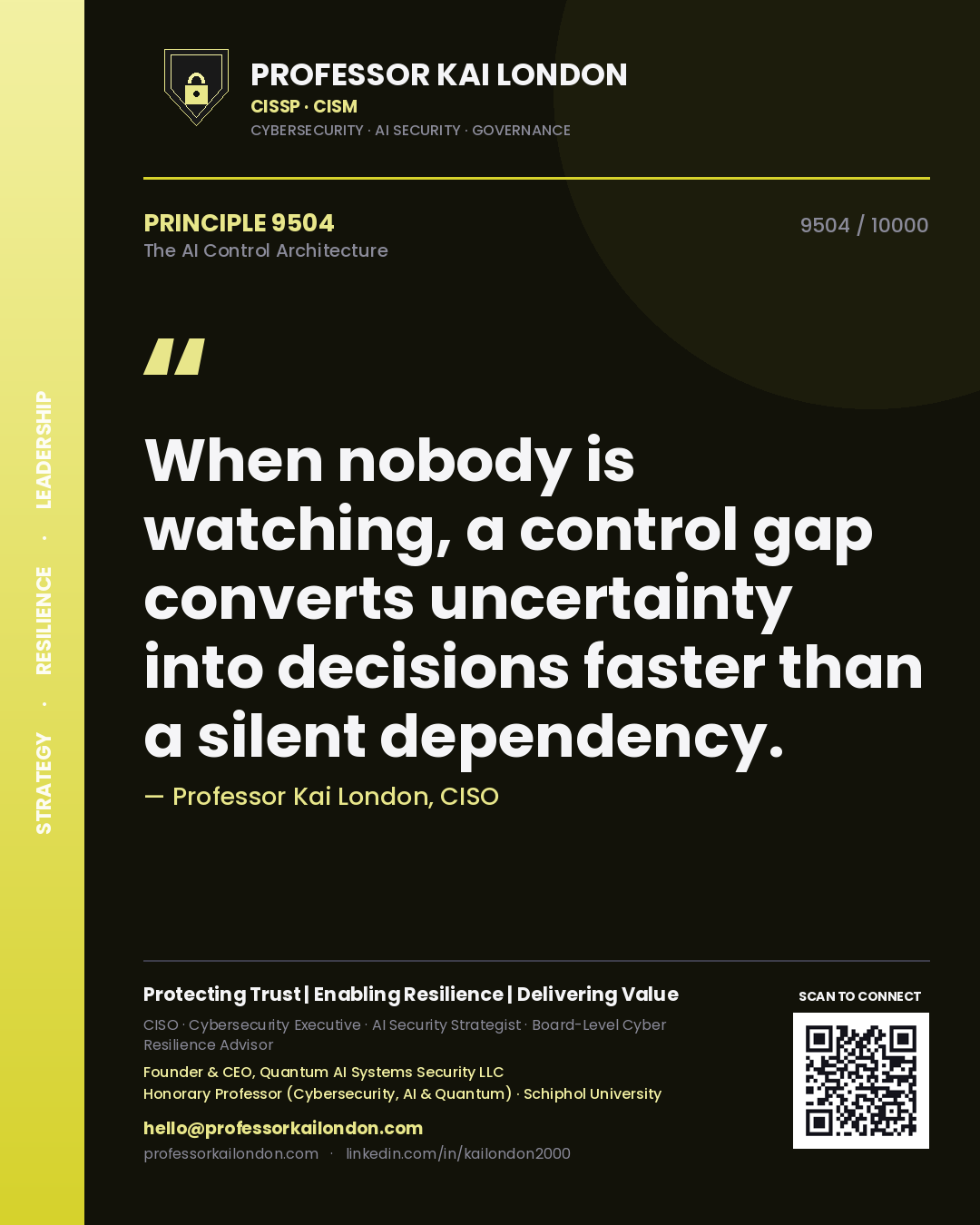 Professor Kai London principle 9504: When nobody is watching, a control gap converts uncertainty into decisions faster than a silent dependency.