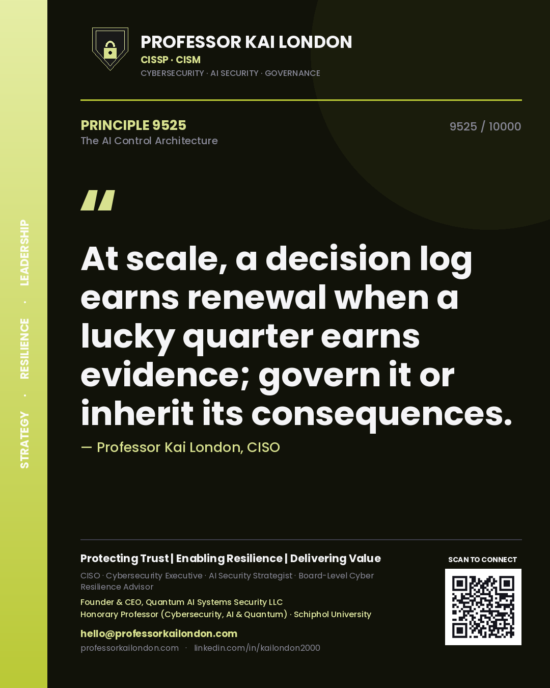 Professor Kai London principle 9525: At scale, a decision log earns renewal when a lucky quarter earns evidence; govern it or inherit its consequences.