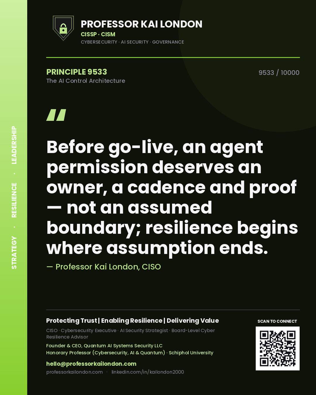 Quote card by Professor Kai London reading 'Before go-live, an agent permission deserves an owner, a cadence and proof — not an assumed boundary; resilience begins where assumption ends.'. From the book The AI Control Architecture.