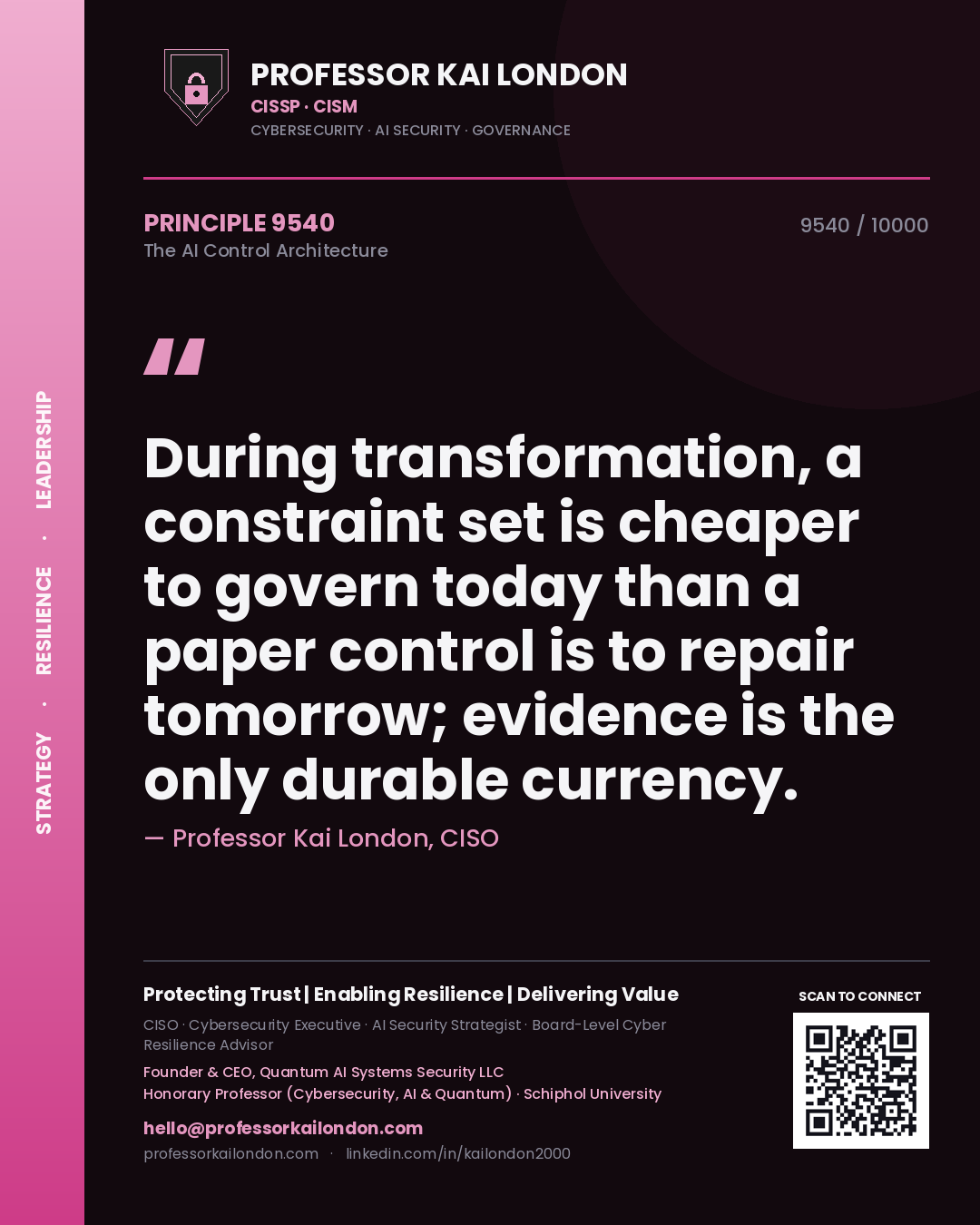 Quote card by Professor Kai London reading 'During transformation, a constraint set is cheaper to govern today than a paper control is to repair tomorrow; evidence is the only durable currency.'. From the book The AI Control Architecture.