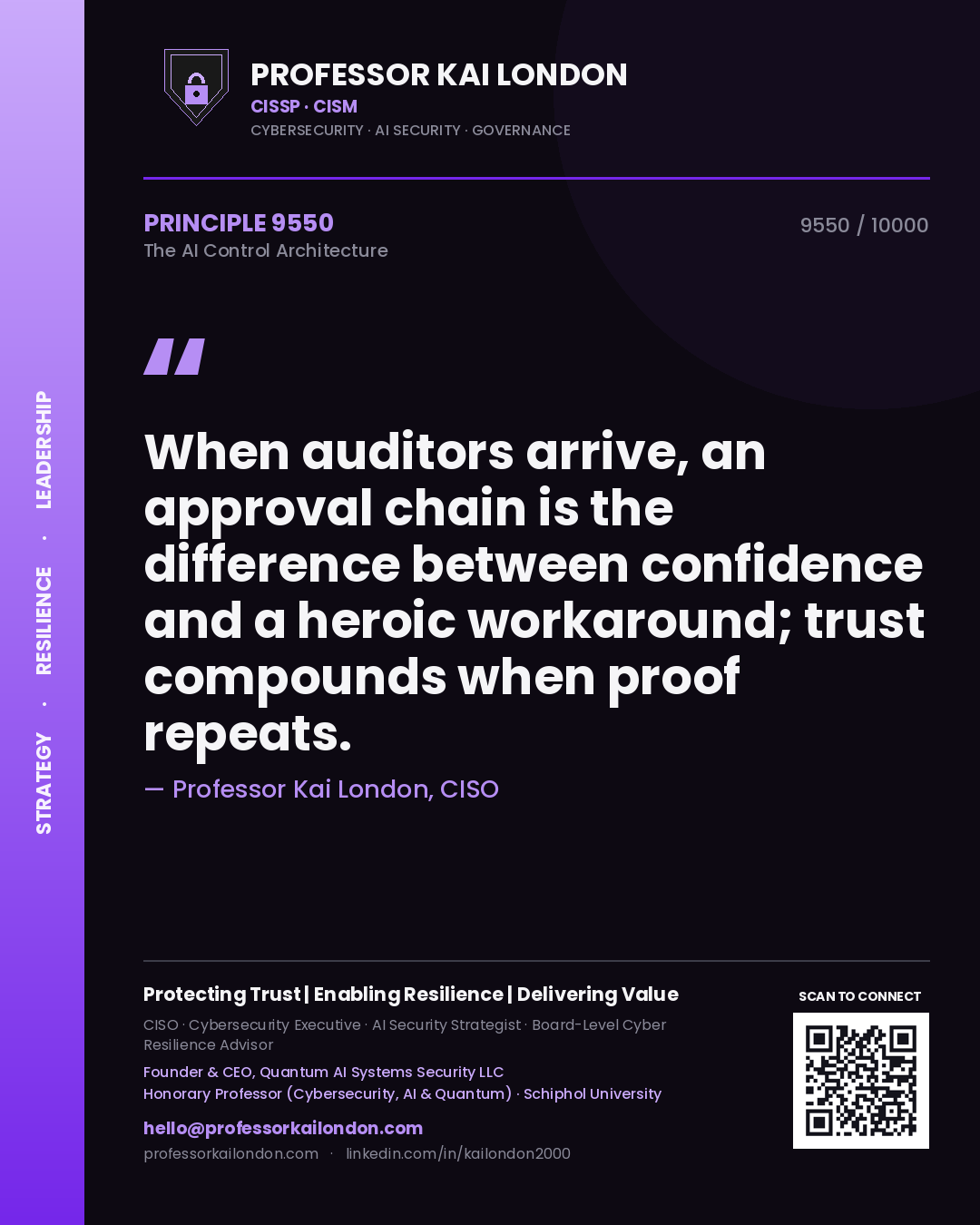 Quote card by Professor Kai London reading 'When auditors arrive, an approval chain is the difference between confidence and a heroic workaround; trust compounds when proof repeats.'. From the book The AI Control Architecture.