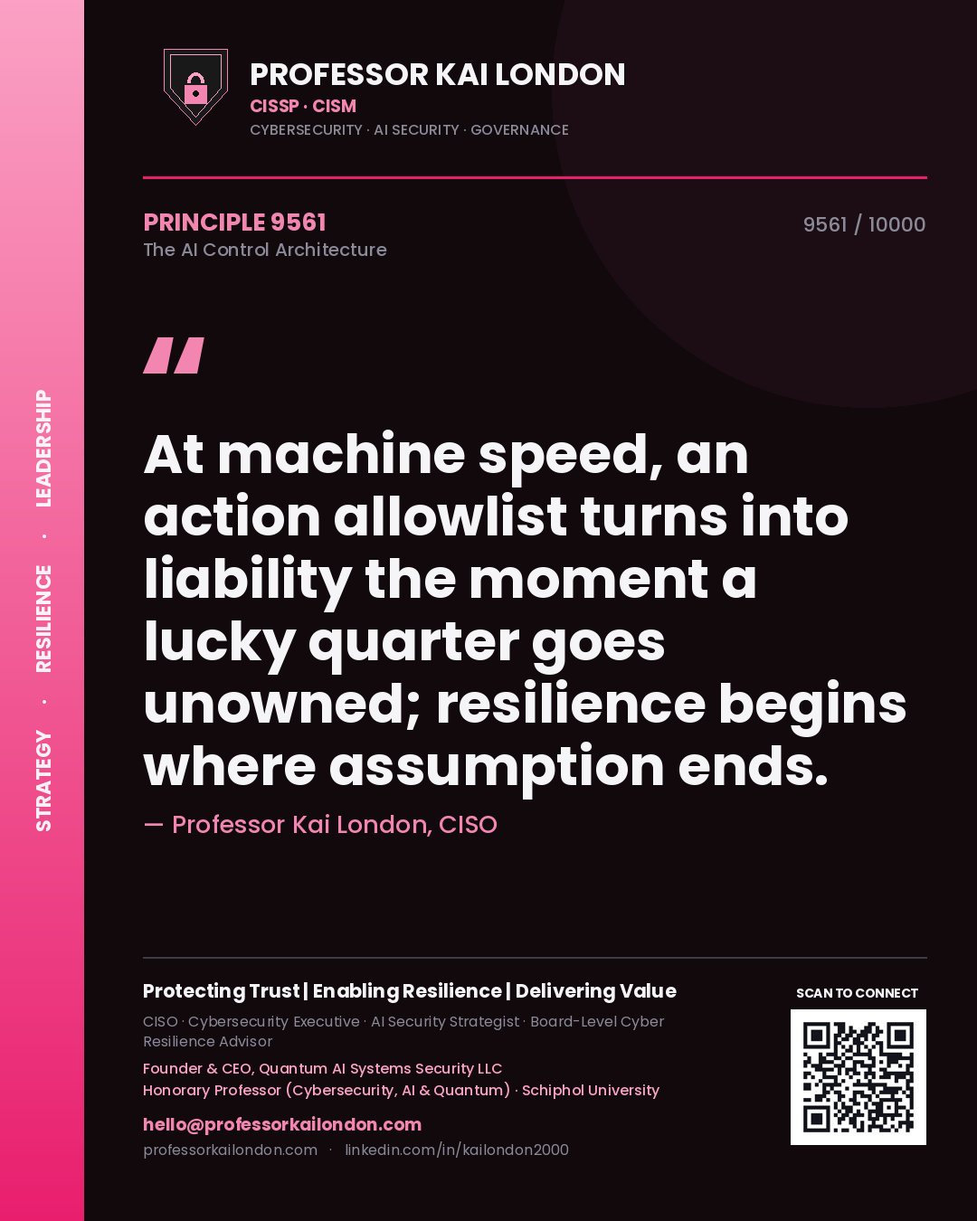 Professor Kai London principle 9561: At machine speed, an action allowlist turns into liability the moment a lucky quarter goes unowned; resilience begins where assumption ends.