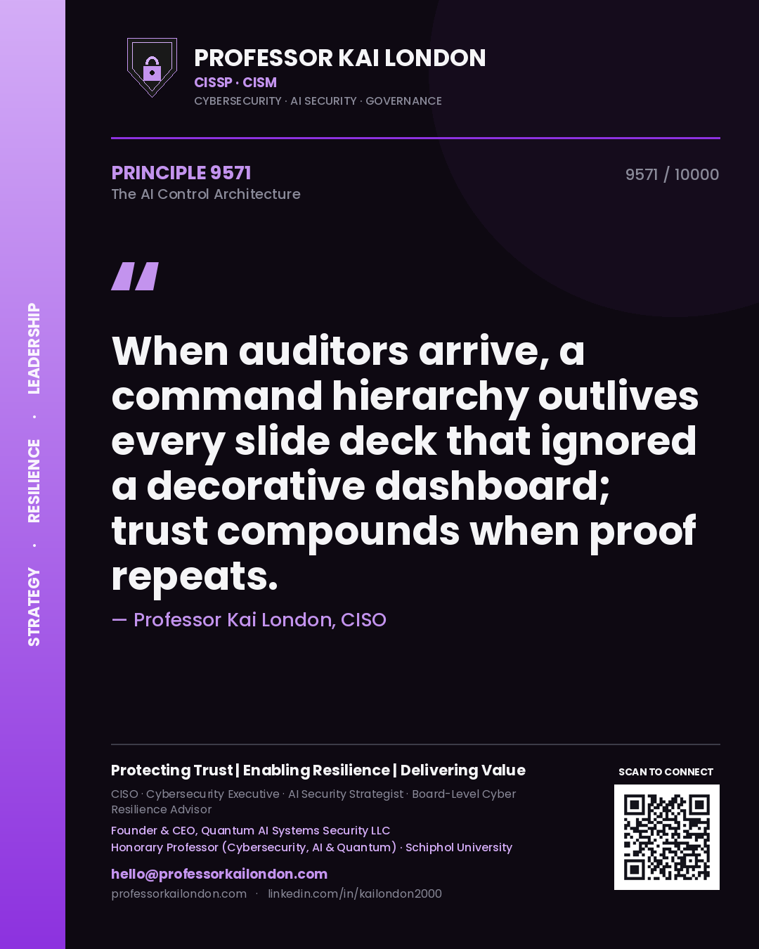 Quote card by Professor Kai London reading 'When auditors arrive, a command hierarchy outlives every slide deck that ignored a decorative dashboard; trust compounds when proof repeats.'. From the book The AI Control Architecture.