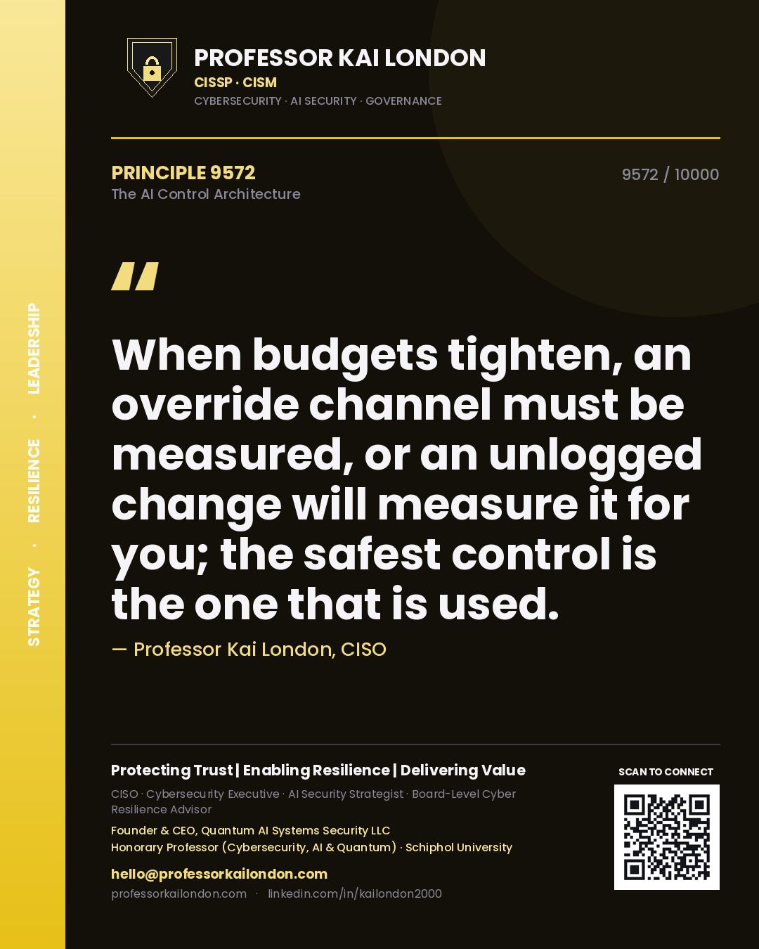 Quote card by Professor Kai London reading 'When budgets tighten, an override channel must be measured, or an unlogged change will measure it for you; the safest control is the one that is used.'. From the book The AI Control Architecture.