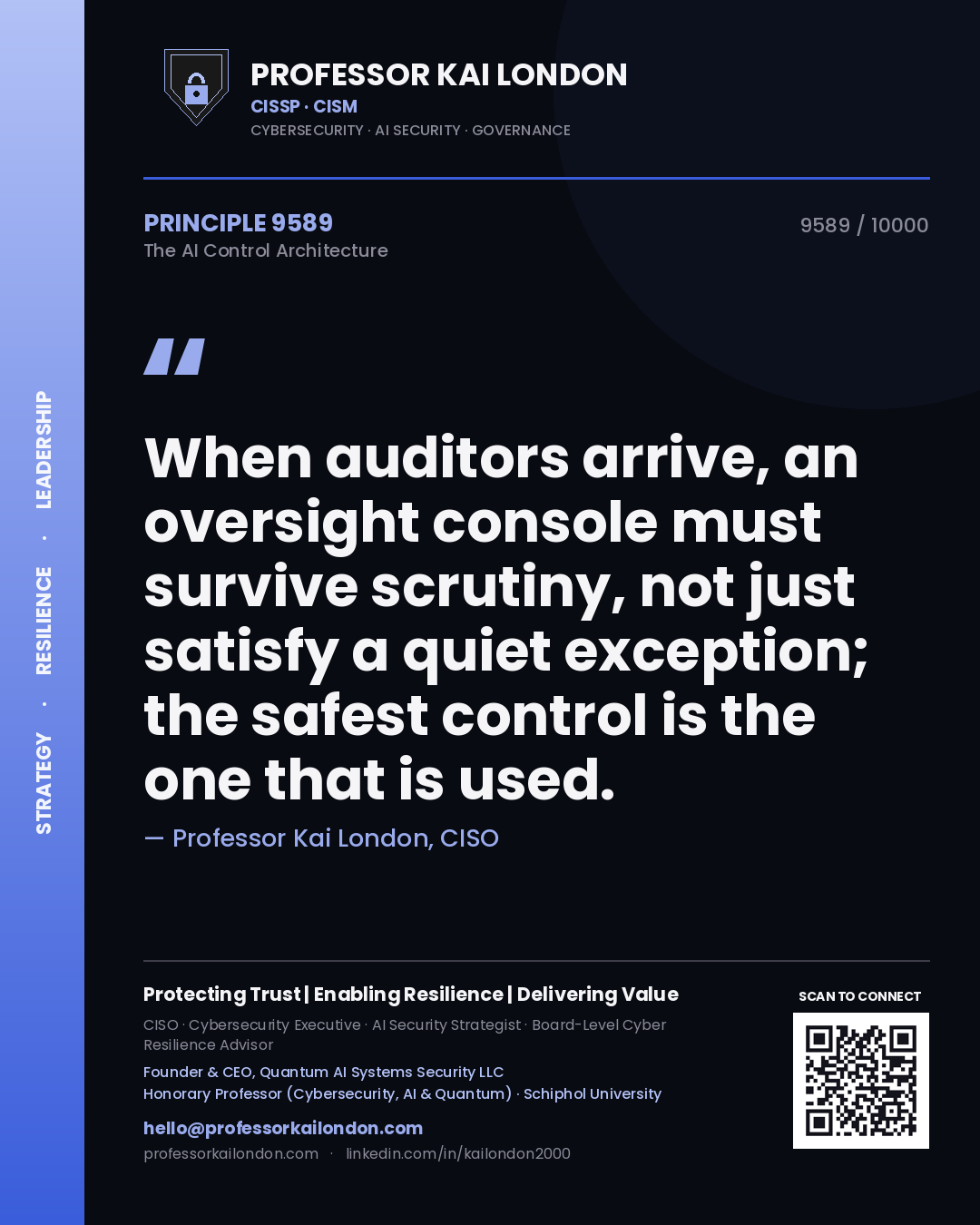 Professor Kai London principle 9589: When auditors arrive, an oversight console must survive scrutiny, not just satisfy a quiet exception; the safest control is the one that is used.