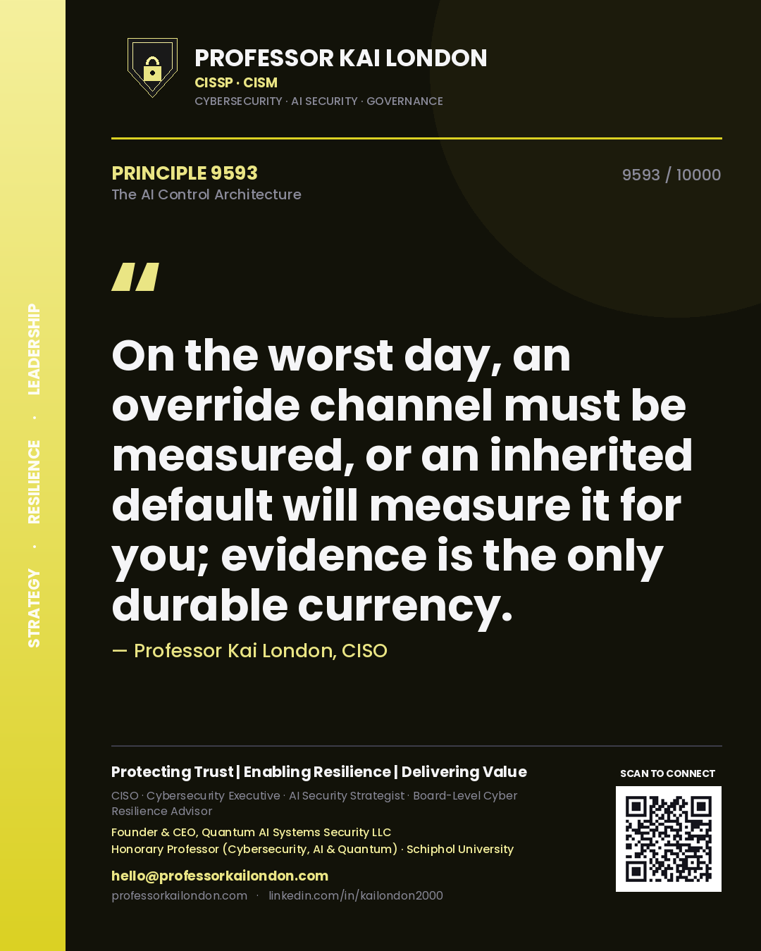 Quote card by Professor Kai London reading 'On the worst day, an override channel must be measured, or an inherited default will measure it for you; evidence is the only durable currency.'. From the book The AI Control Architecture.