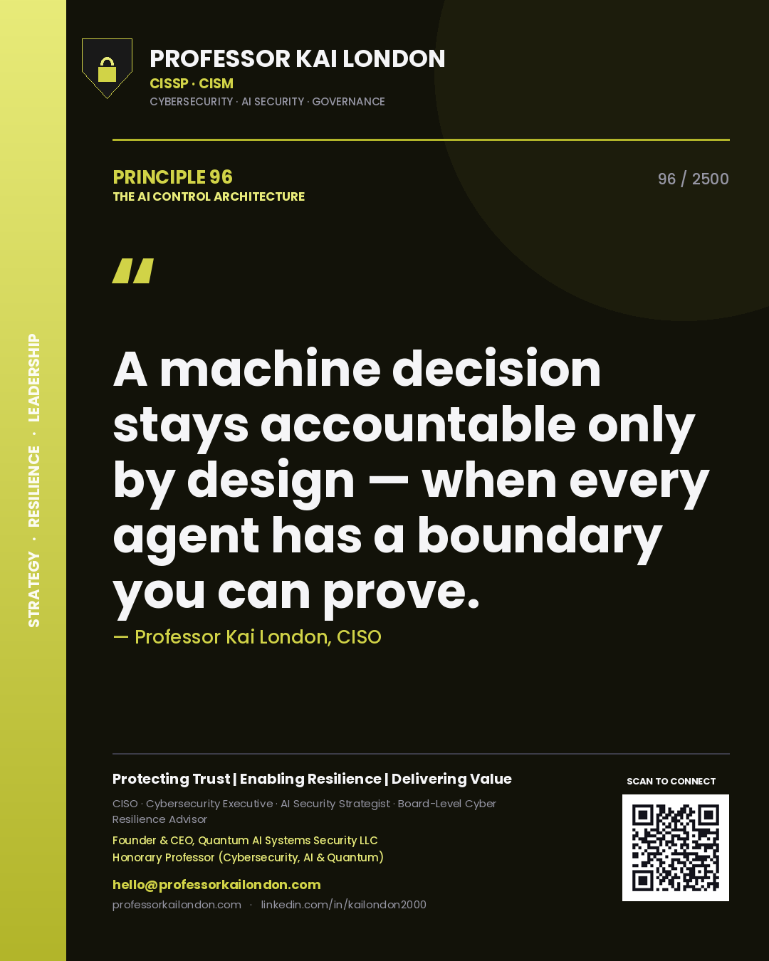 Professor Kai London principle 96: A machine decision stays accountable only by design — when every agent has a boundary you can prove.
