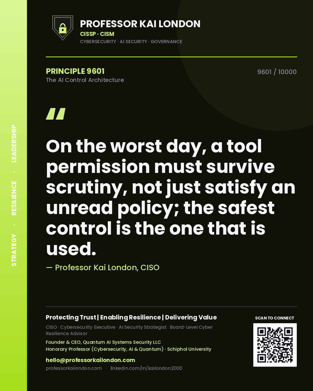 Professor Kai London principle 9601: On the worst day, a tool permission must survive scrutiny, not just satisfy an unread policy; the safest control is the one that is used.