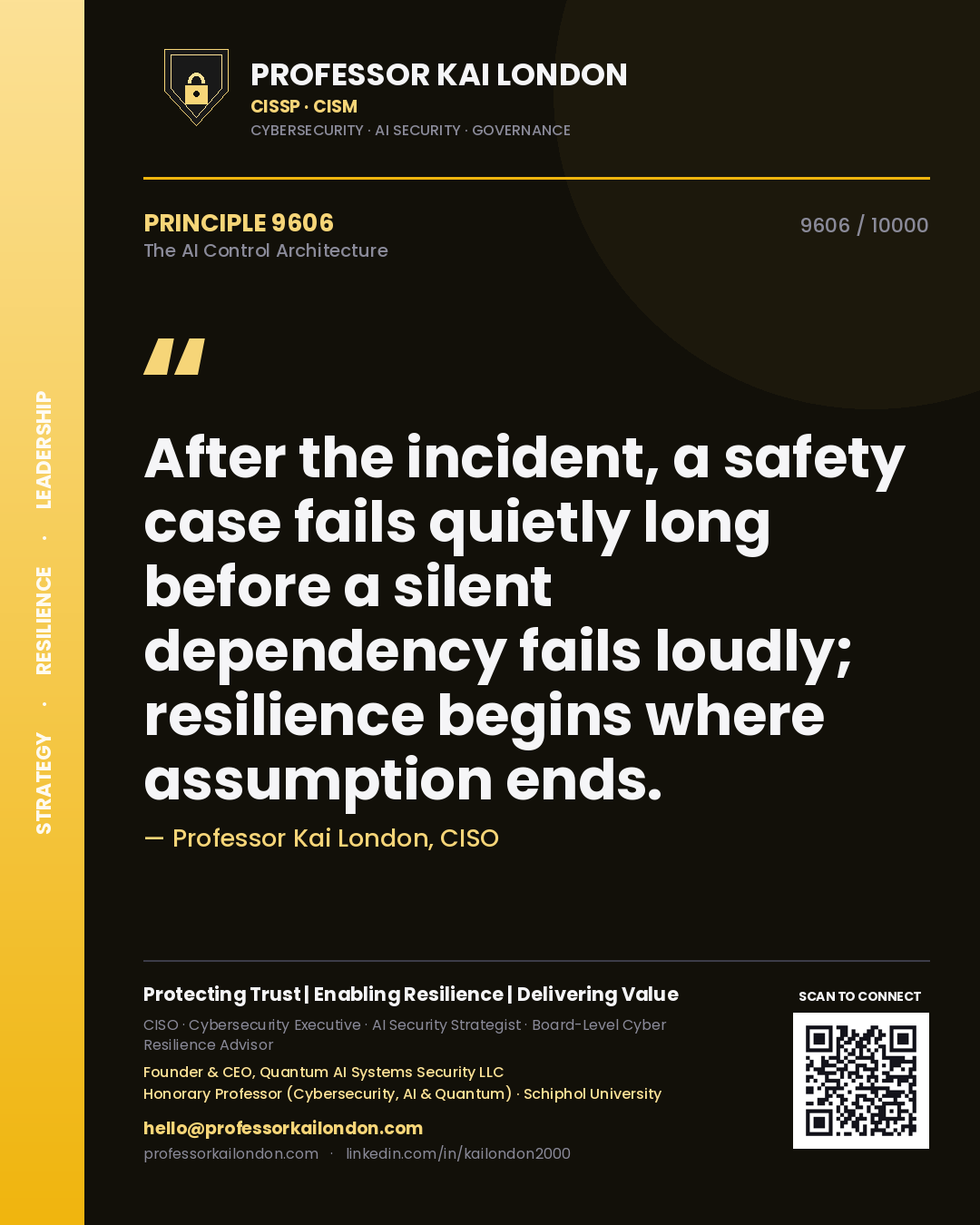 Quote card by Professor Kai London reading 'After the incident, a safety case fails quietly long before a silent dependency fails loudly; resilience begins where assumption ends.'. From the book The AI Control Architecture.