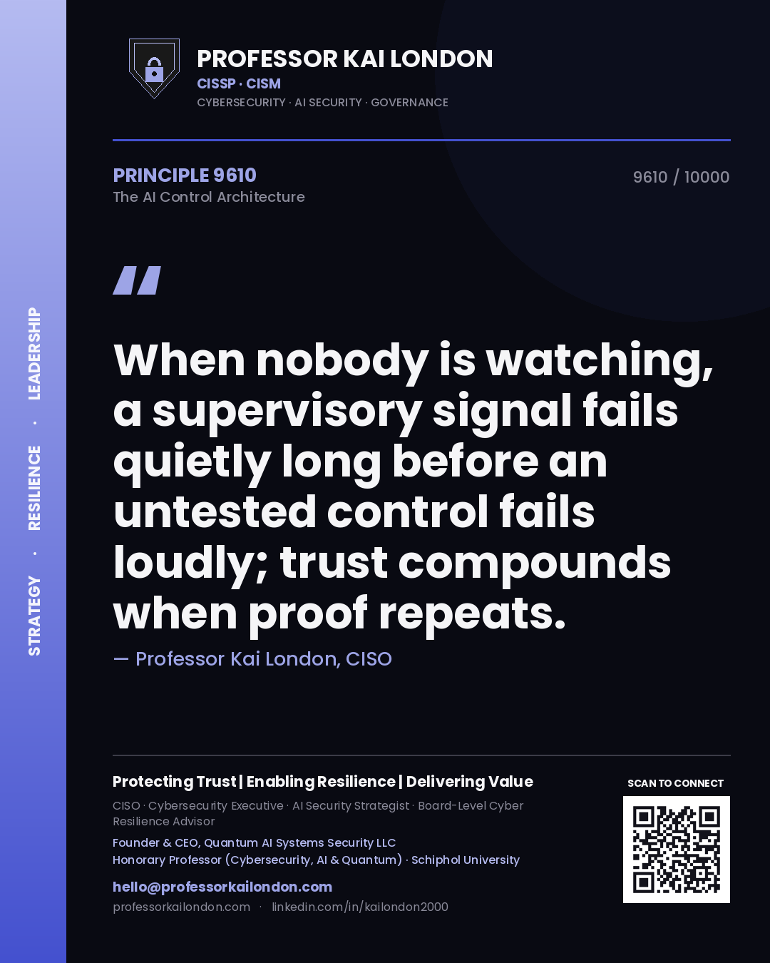Quote card by Professor Kai London reading 'When nobody is watching, a supervisory signal fails quietly long before an untested control fails loudly; trust compounds when proof repeats.'. From the book The AI Control Architecture.