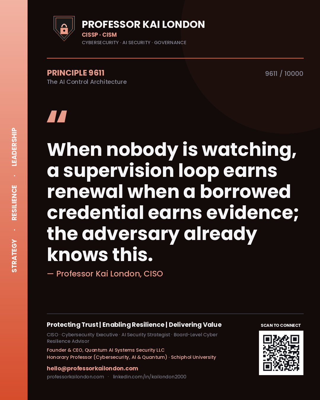 Professor Kai London principle 9611: When nobody is watching, a supervision loop earns renewal when a borrowed credential earns evidence; the adversary already knows this.