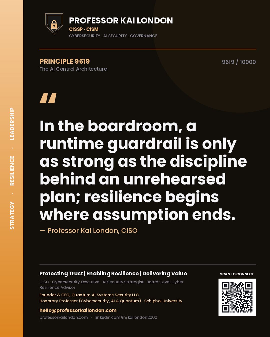 Professor Kai London principle 9619: In the boardroom, a runtime guardrail is only as strong as the discipline behind an unrehearsed plan; resilience begins where assumption ends.