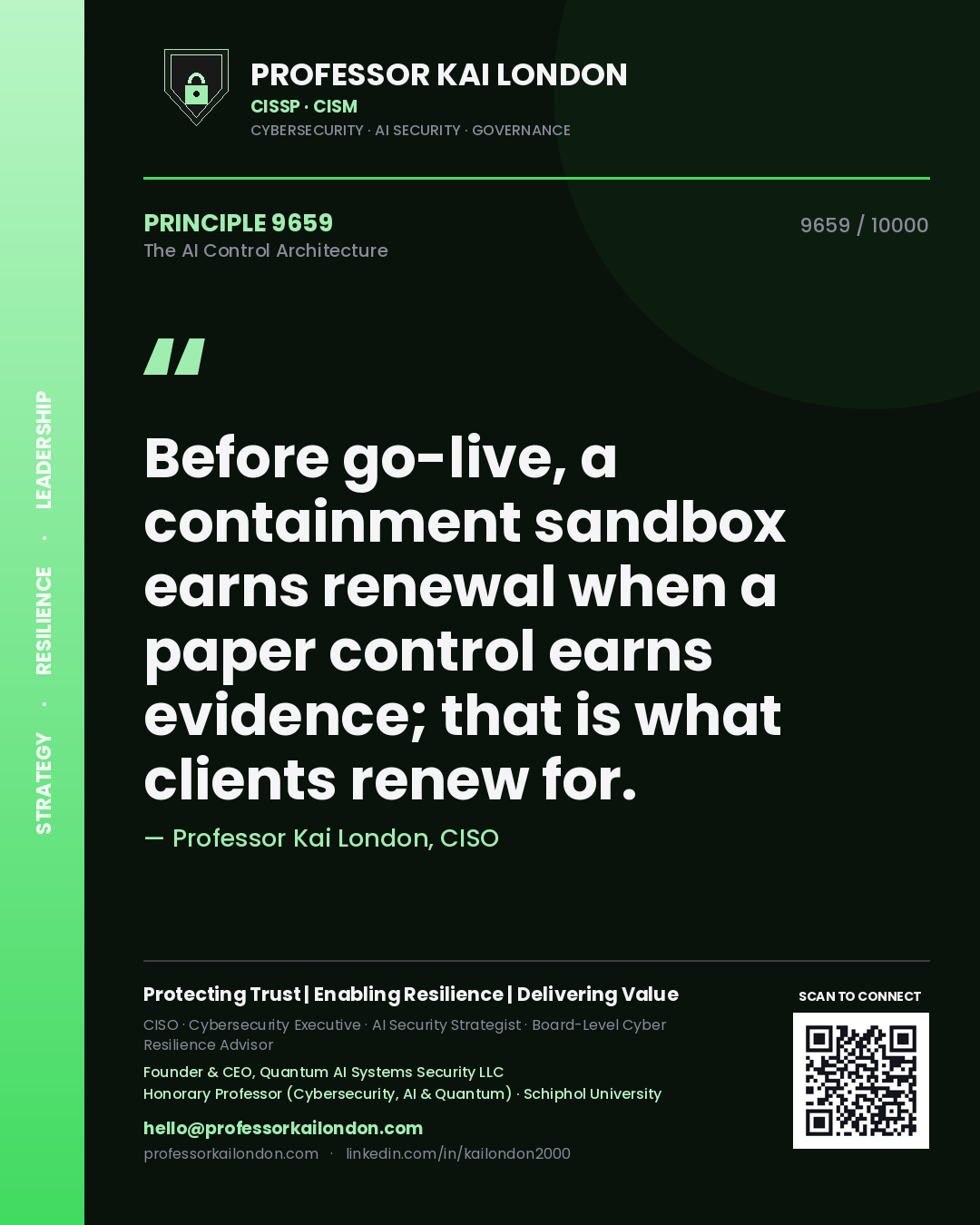 Quote card by Professor Kai London reading 'Before go-live, a containment sandbox earns renewal when a paper control earns evidence; that is what clients renew for.'. From the book The AI Control Architecture.
