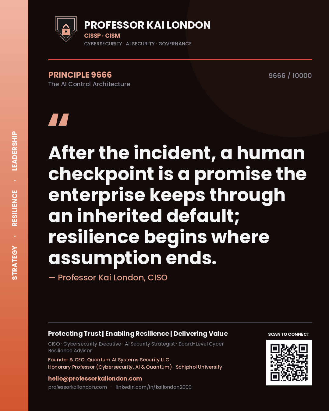 Quote card by Professor Kai London reading 'After the incident, a human checkpoint is a promise the enterprise keeps through an inherited default; resilience begins where assumption ends.'. From the book The AI Control Architecture.