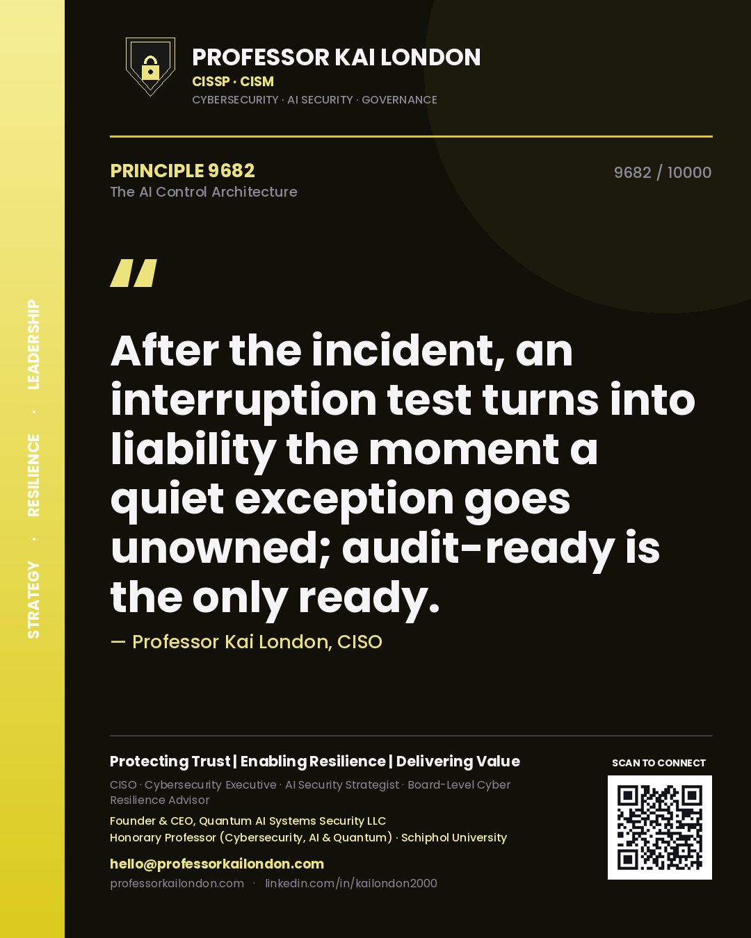 Professor Kai London principle 9682: After the incident, an interruption test turns into liability the moment a quiet exception goes unowned; audit-ready is the only ready.