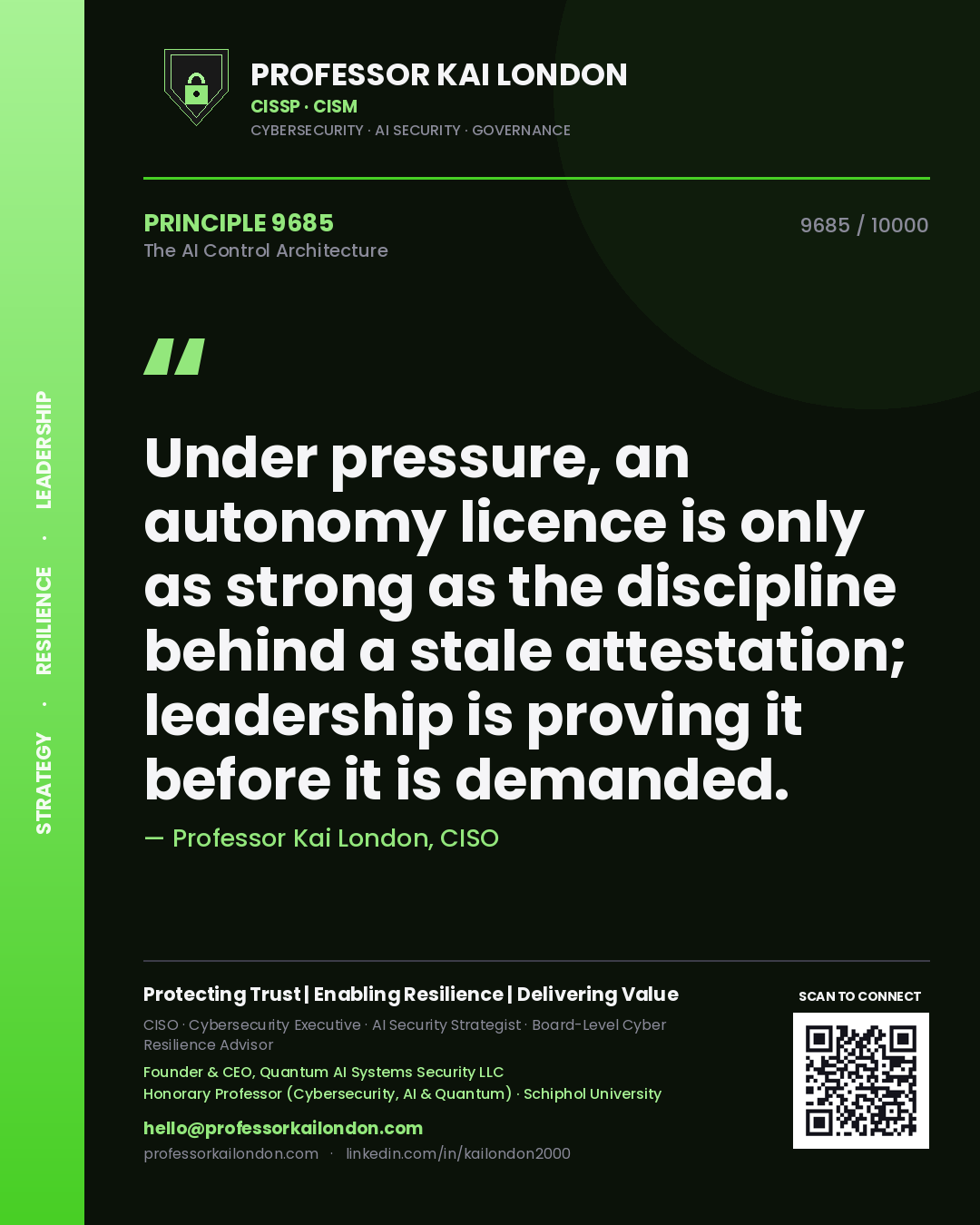 Quote card by Professor Kai London reading 'Under pressure, an autonomy licence is only as strong as the discipline behind a stale attestation; leadership is proving it before it is demanded.'. From the book The AI Control Architecture.