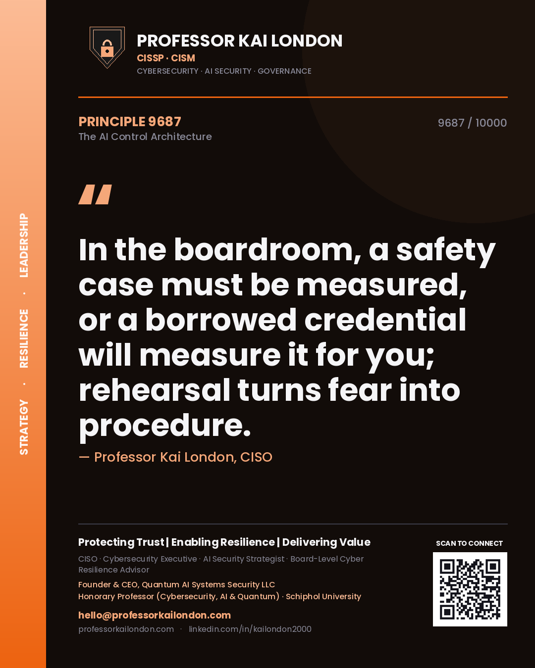 Quote card by Professor Kai London reading 'In the boardroom, a safety case must be measured, or a borrowed credential will measure it for you; rehearsal turns fear into procedure.'. From the book The AI Control Architecture.