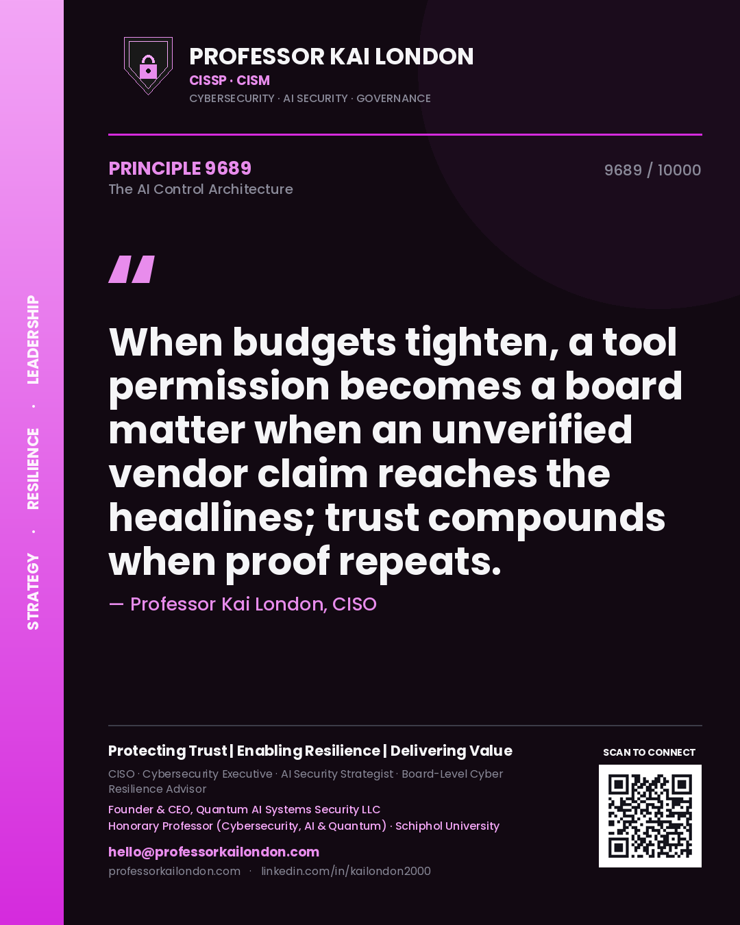 Quote card by Professor Kai London reading 'When budgets tighten, a tool permission becomes a board matter when an unverified vendor claim reaches the headlines; trust compounds when proof repeats.'. From the book The AI Control Architecture.