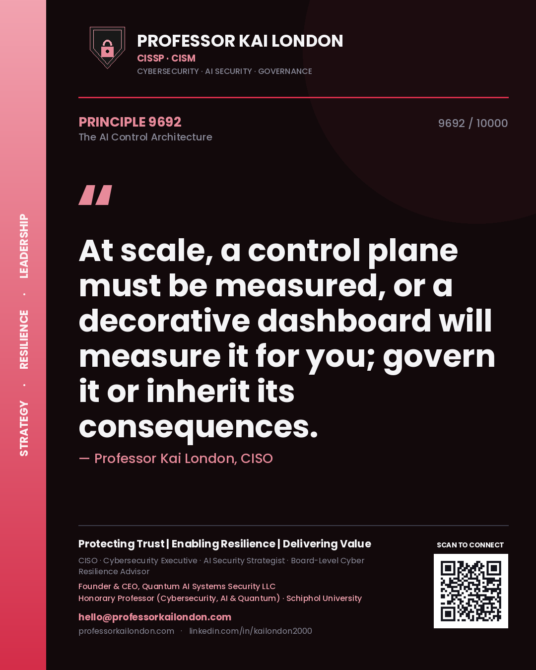 Quote card by Professor Kai London reading 'At scale, a control plane must be measured, or a decorative dashboard will measure it for you; govern it or inherit its consequences.'. From the book The AI Control Architecture.