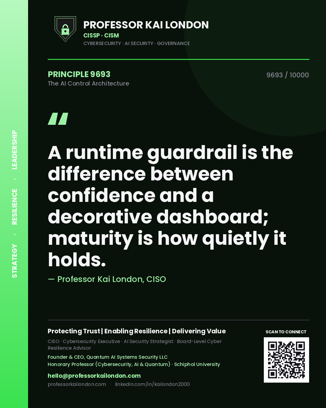 Professor Kai London principle 9693: A runtime guardrail is the difference between confidence and a decorative dashboard; maturity is how quietly it holds.