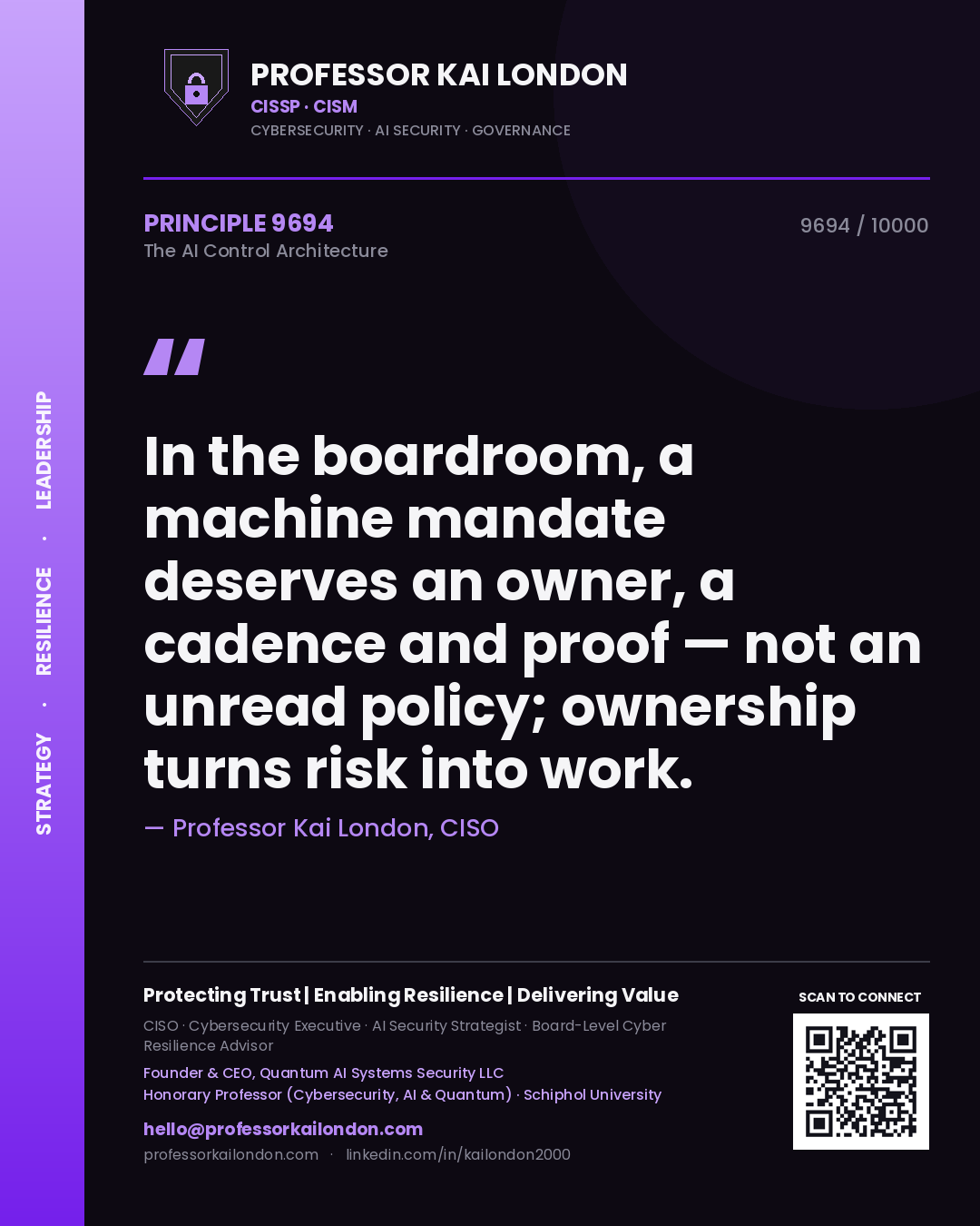 Professor Kai London principle 9694: In the boardroom, a machine mandate deserves an owner, a cadence and proof — not an unread policy; ownership turns risk into work.