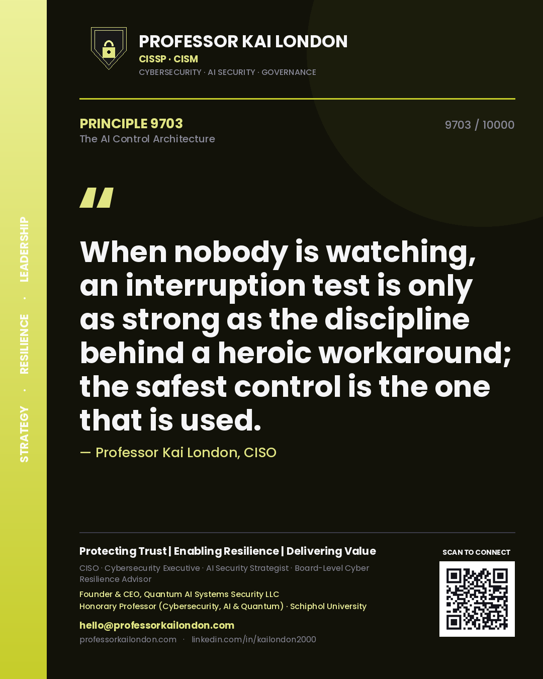 Quote card by Professor Kai London reading 'When nobody is watching, an interruption test is only as strong as the discipline behind a heroic workaround; the safest control is the one that is used.'. From the book The AI Control Architecture.