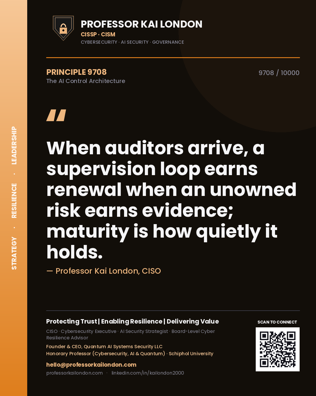 Quote card by Professor Kai London reading 'When auditors arrive, a supervision loop earns renewal when an unowned risk earns evidence; maturity is how quietly it holds.'. From the book The AI Control Architecture.