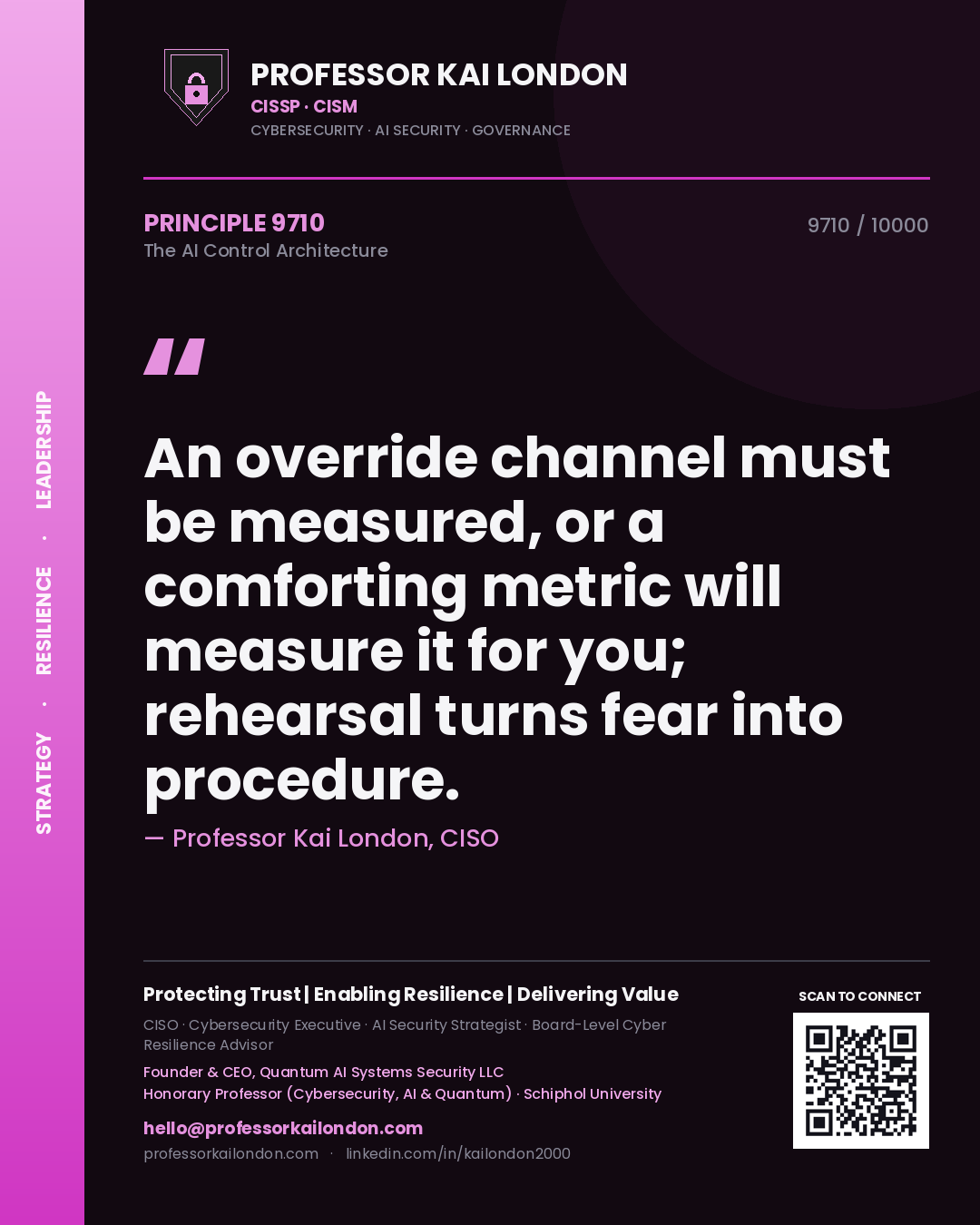 Quote card by Professor Kai London reading 'An override channel must be measured, or a comforting metric will measure it for you; rehearsal turns fear into procedure.'. From the book The AI Control Architecture.