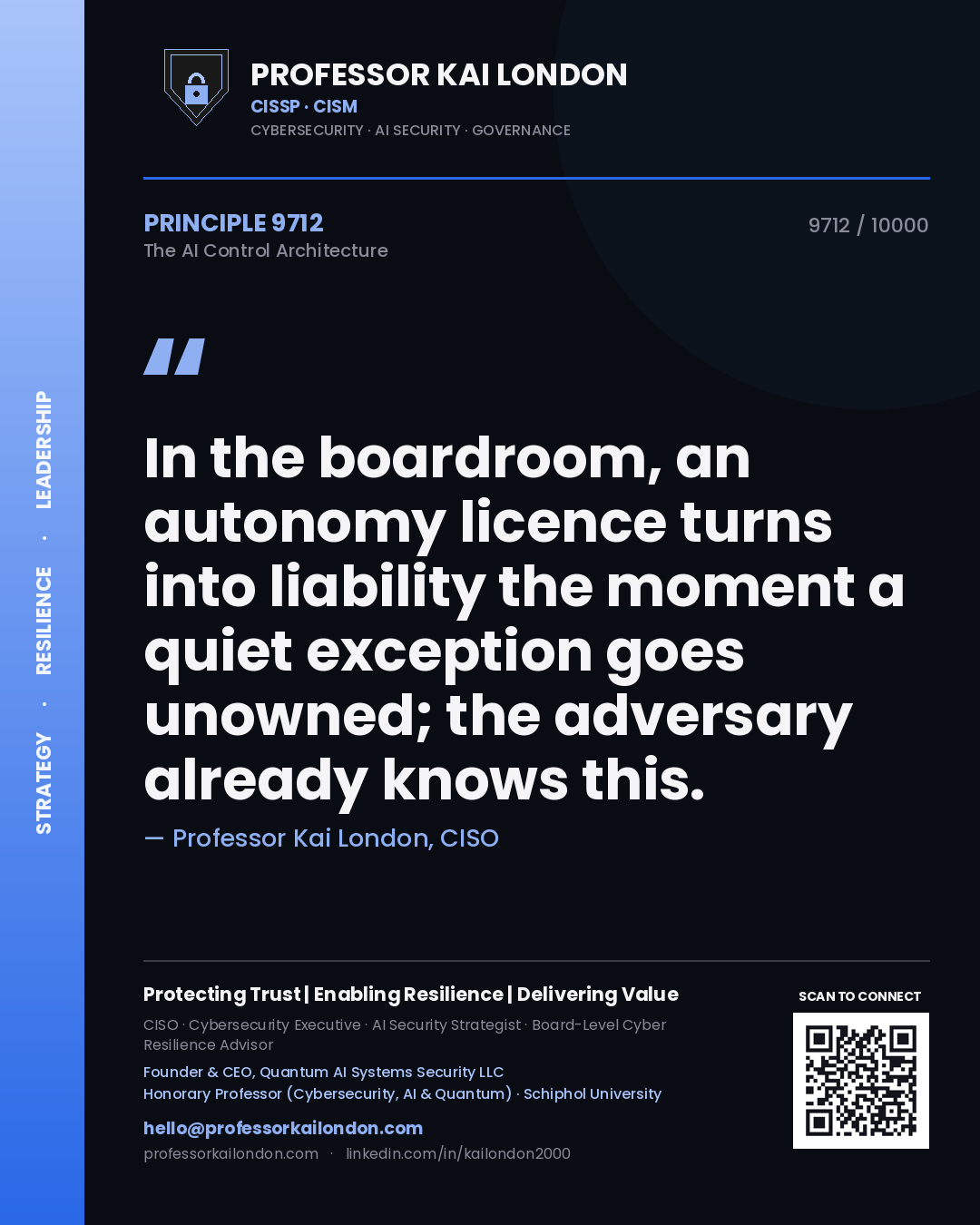 Quote card by Professor Kai London reading 'In the boardroom, an autonomy licence turns into liability the moment a quiet exception goes unowned; the adversary already knows this.'. From the book The AI Control Architecture.