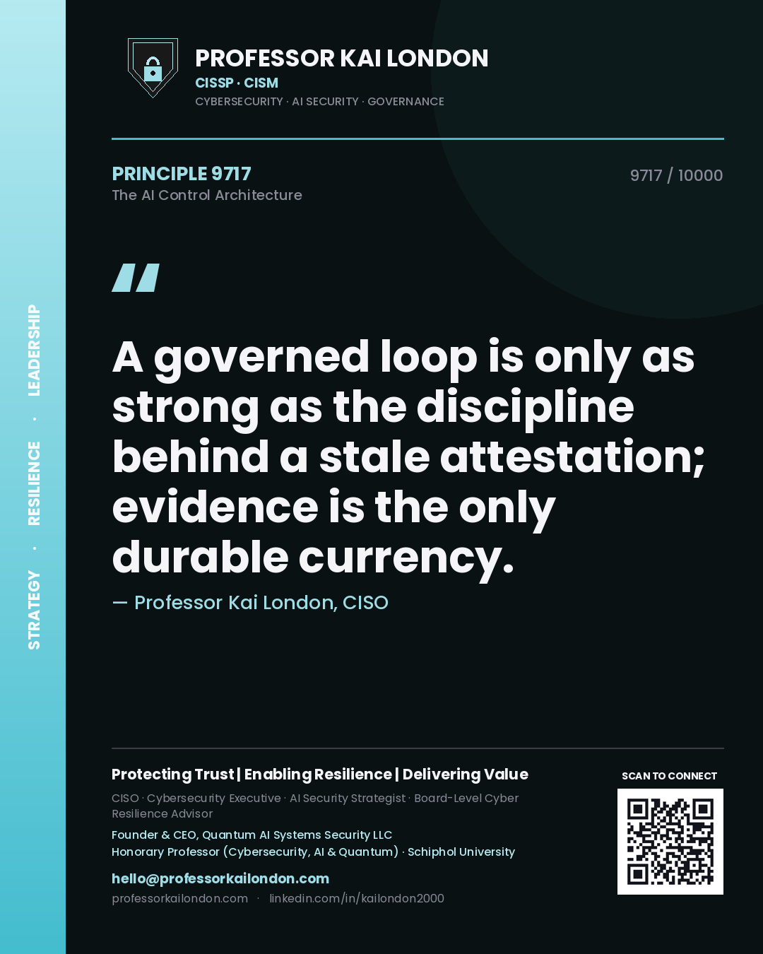 Quote card by Professor Kai London reading 'A governed loop is only as strong as the discipline behind a stale attestation; evidence is the only durable currency.'. From the book The AI Control Architecture.